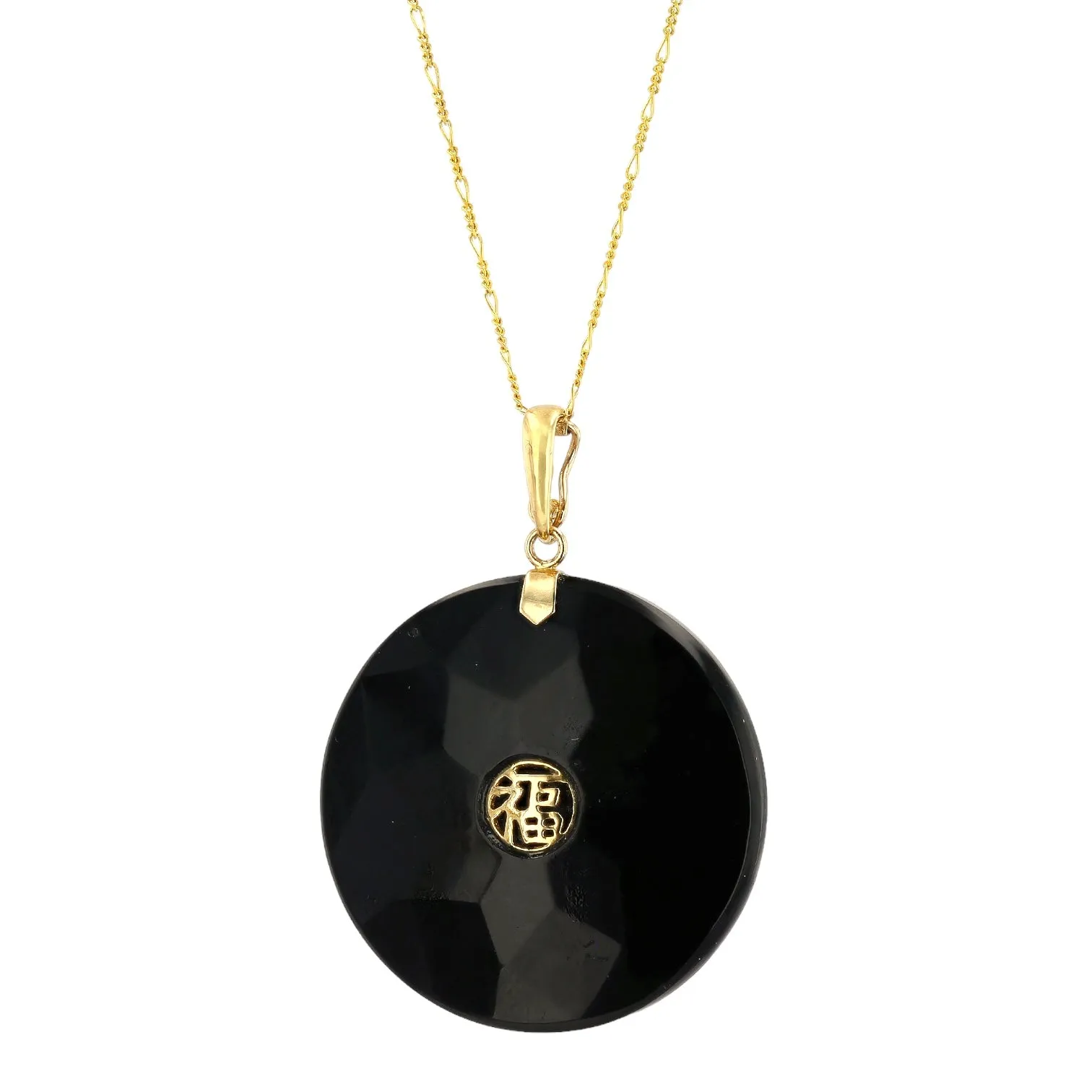 10K Yellow Gold lucky coin amulet Onyx  necklace-15233