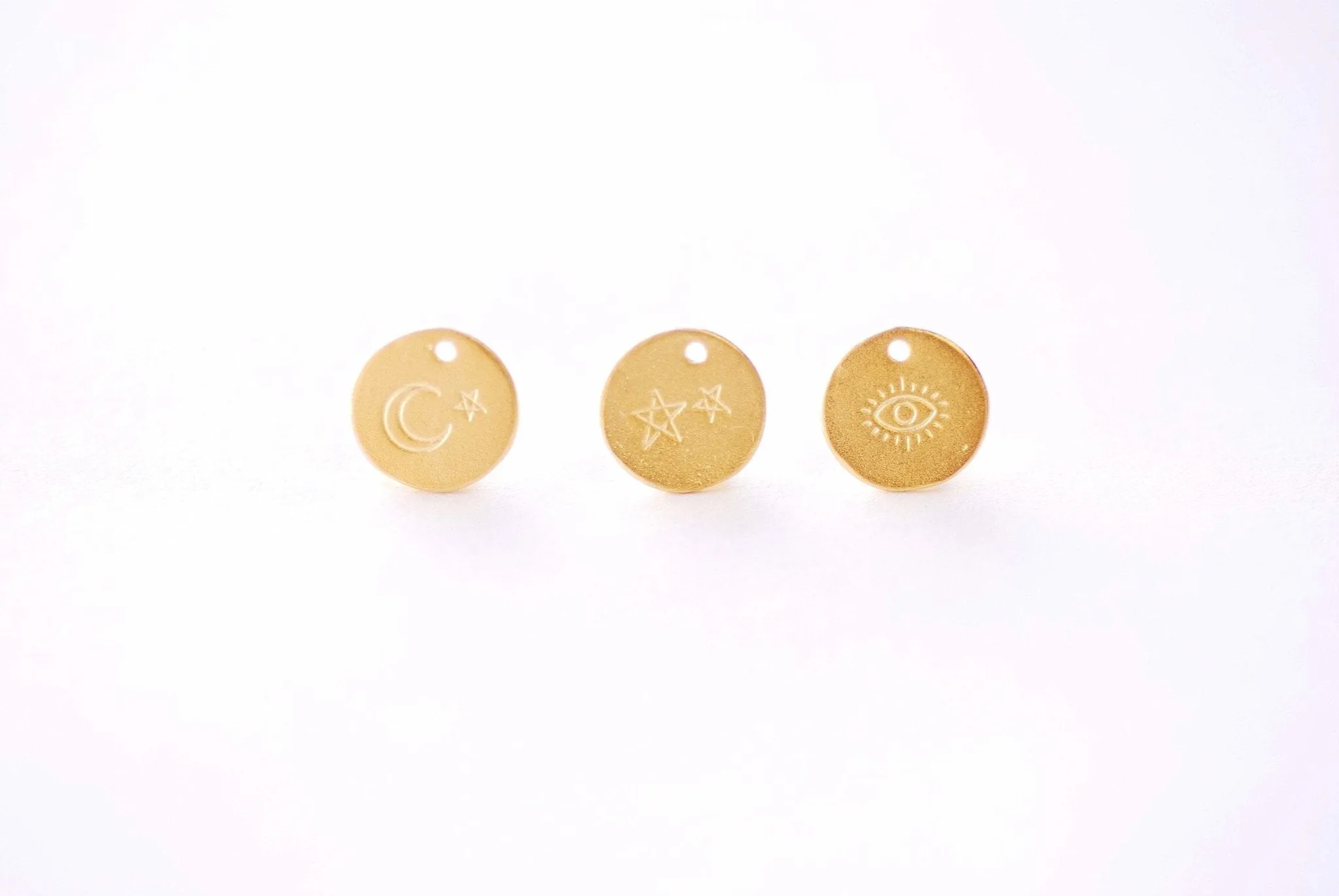 10mm Round Wholesale Coin Charm, Round Evil Eye Charm, Moon and Star Charm, Twinkle Star Charm, Vermeil 18k gold plated 925 Sterling Silver, J415