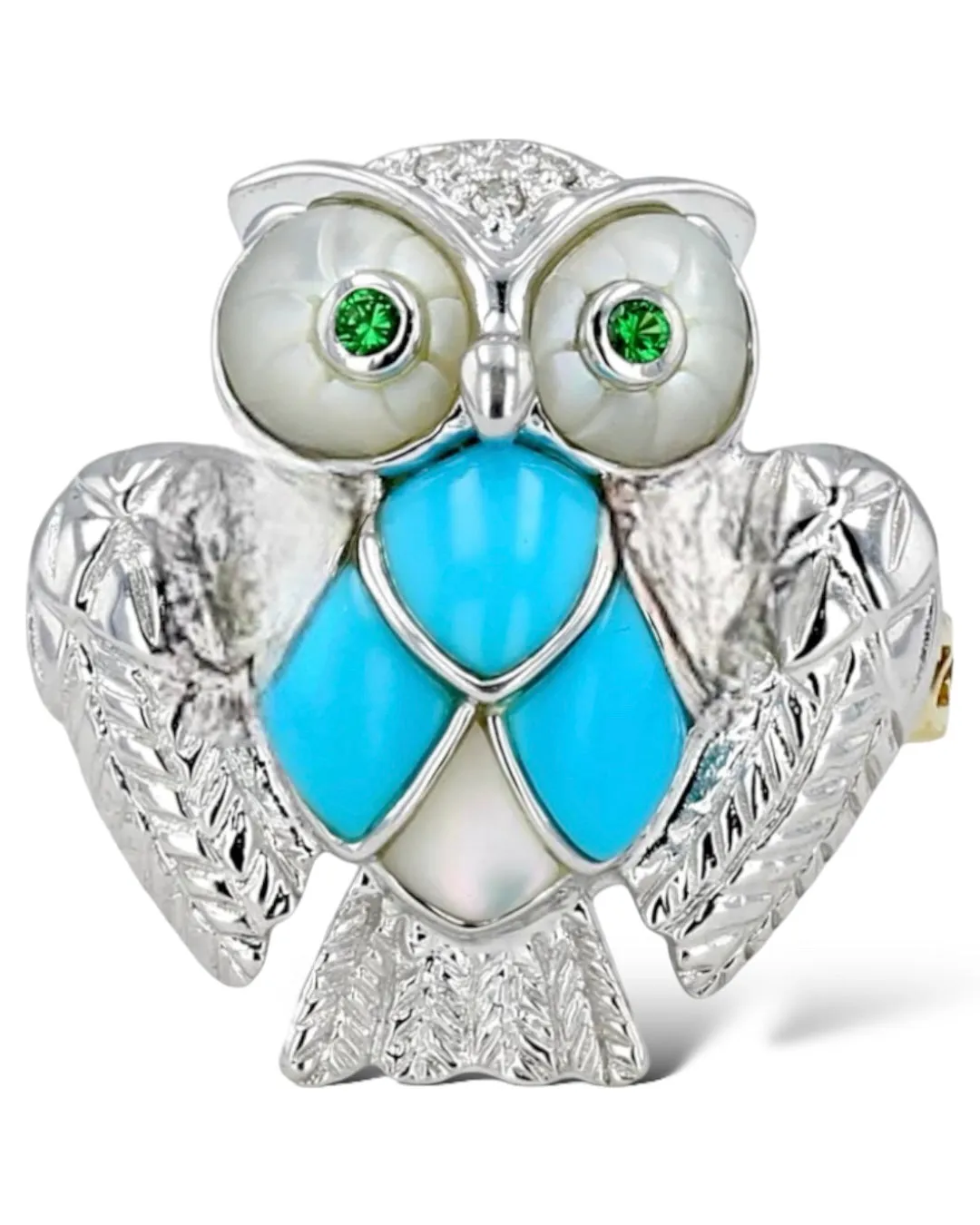 18K white gold turquoise with mother pearl and emerald luxury owl ring-30608