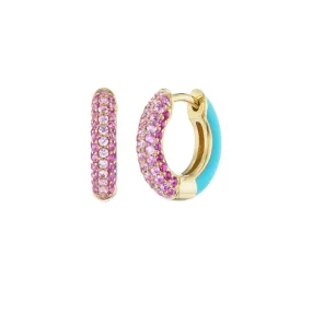 18K Yellow Gold Pink Sapphire and Ruby Baby Duo Enameled Hoops