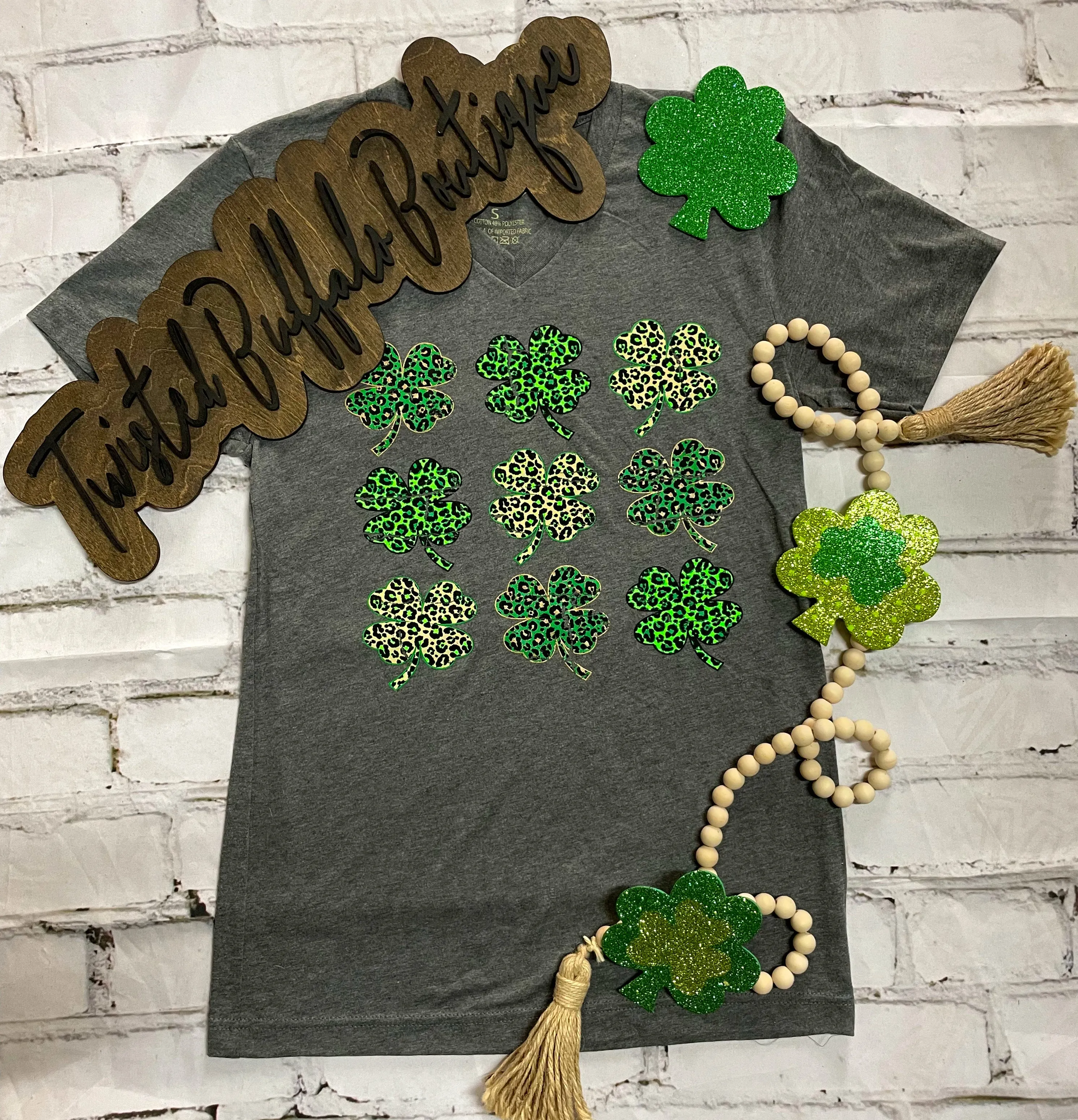 {3 X 3= LUCKY NINE} Leopard Shamrock Mix Gray V-Neck Tee