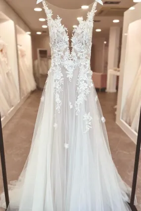 A-Line V-neck Chiffon Lace Open Back Long Wedding Dresses With Split