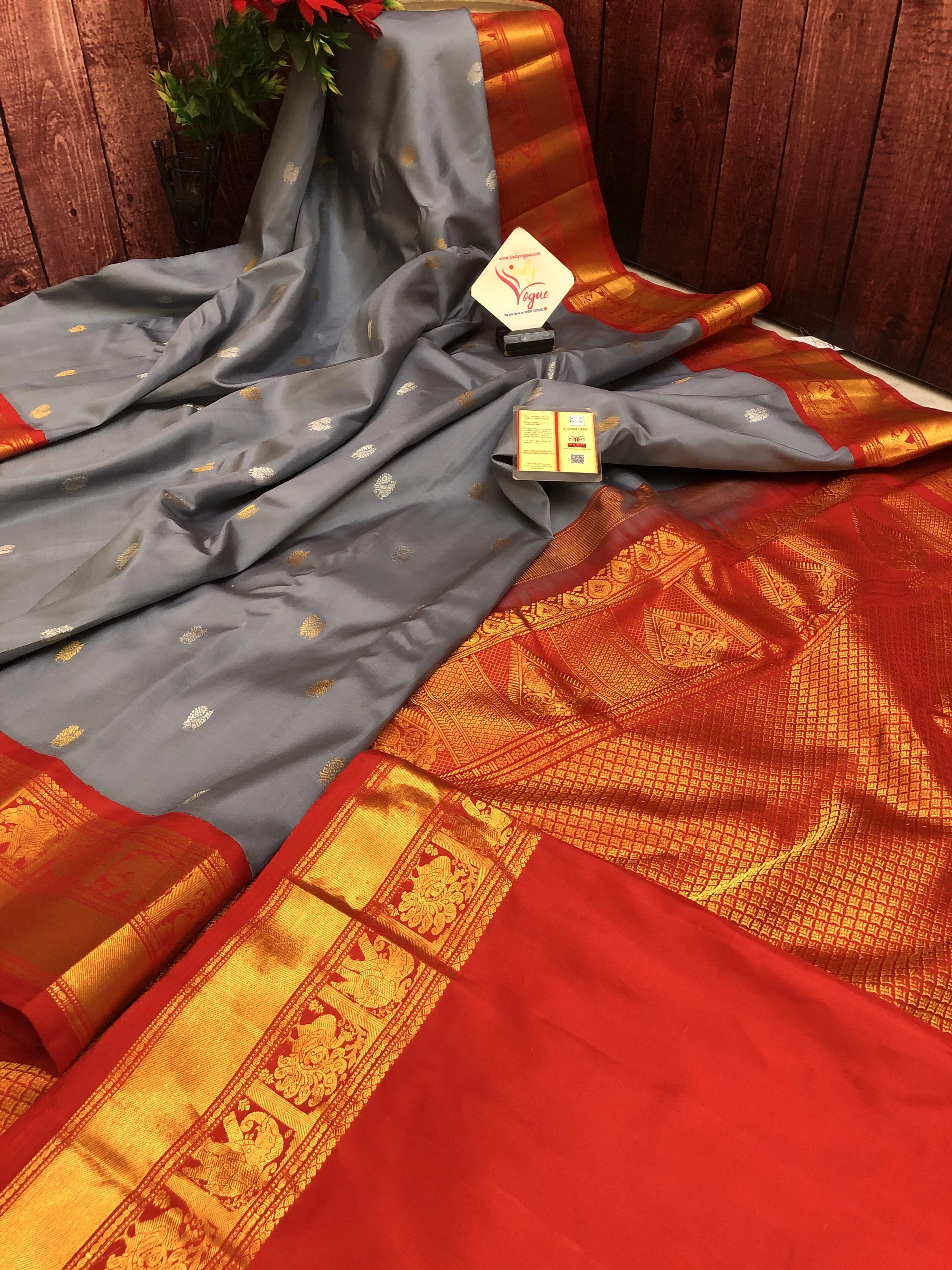 Ash Color Pure gadwal Silk Saree with Silver & Golden Zari Motif Work