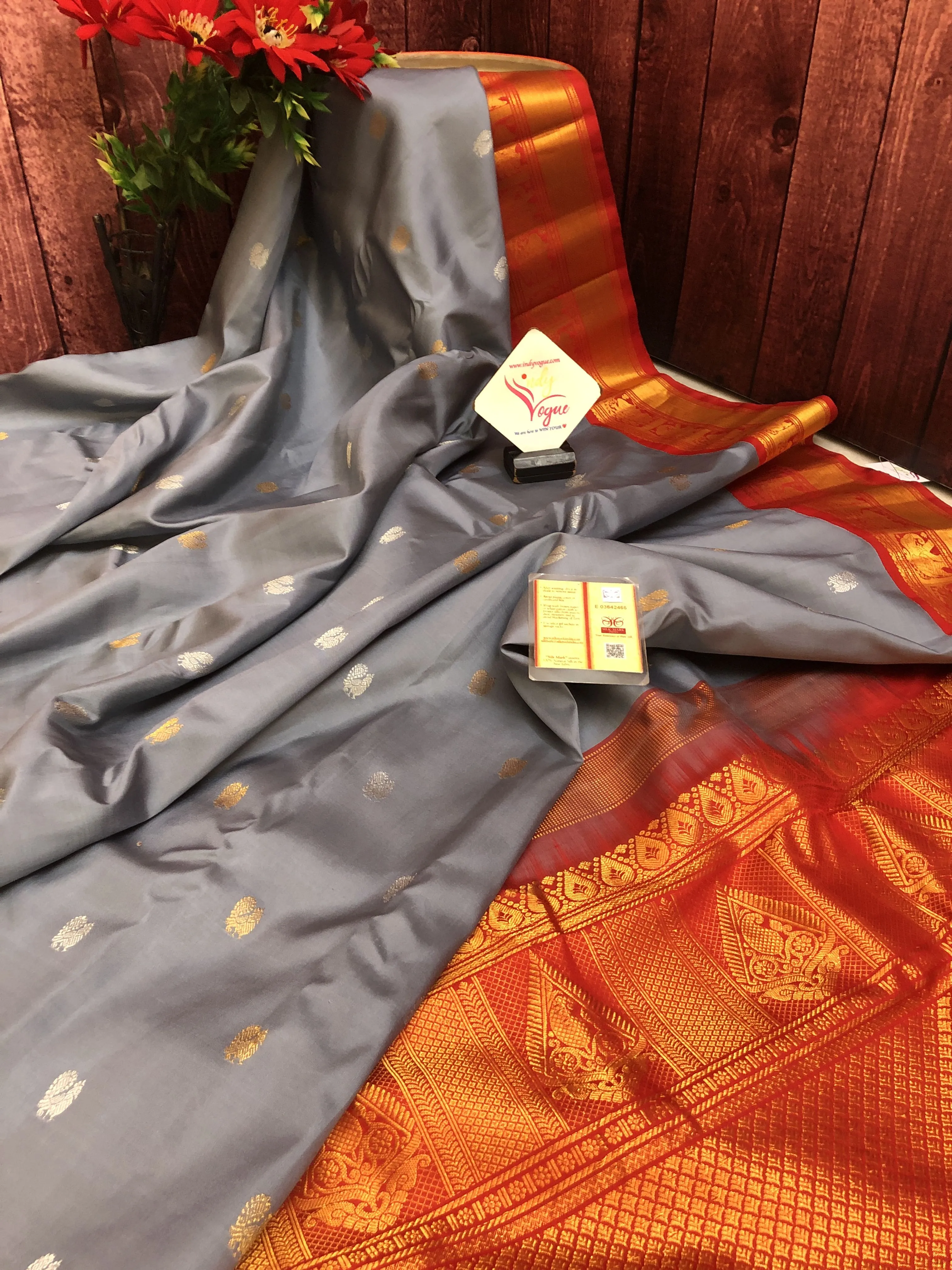 Ash Color Pure gadwal Silk Saree with Silver & Golden Zari Motif Work