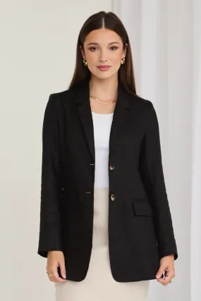 Aster Black Linen Single Breasted Longline Blazer