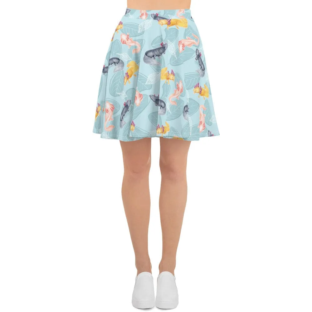 Axolotl with Leaves Skater Skirt, Cute Amphibian Bottom