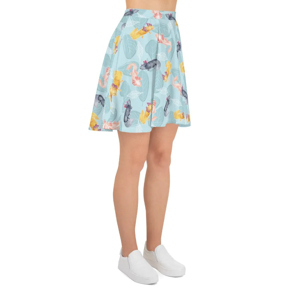 Axolotl with Leaves Skater Skirt, Cute Amphibian Bottom