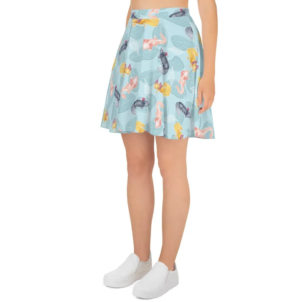 Axolotl with Leaves Skater Skirt, Cute Amphibian Bottom