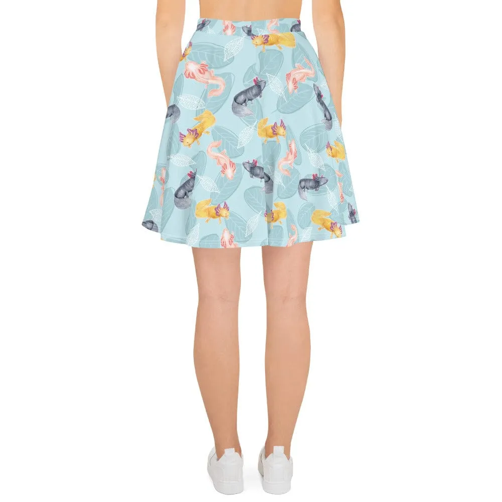 Axolotl with Leaves Skater Skirt, Cute Amphibian Bottom