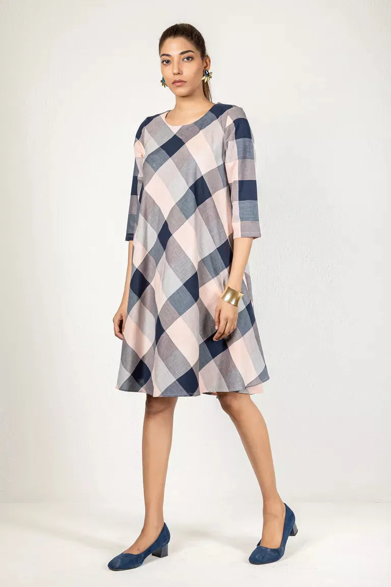 Baby Pink & Navy Blue Cotton Checked Dress