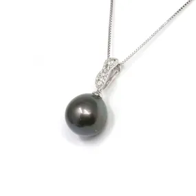 Baikalla Jewelry? 18k Gold Round Black Tahitian South Sea Cultured Pearl & Diamond Michelle Pendant Necklace for Women in AAA Quality