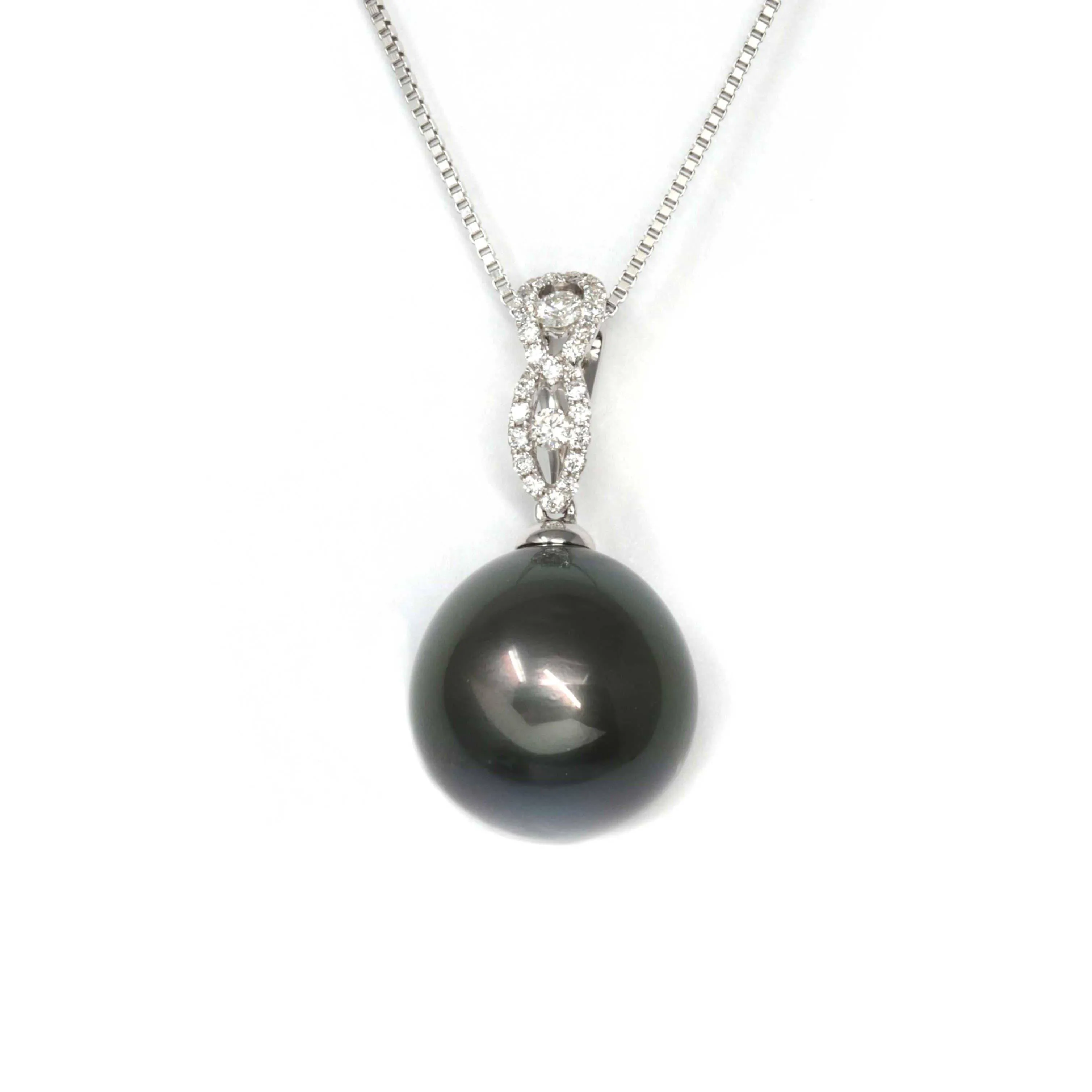 Baikalla Jewelry? 18k Gold Round Black Tahitian South Sea Cultured Pearl & Diamond Michelle Pendant Necklace for Women in AAA Quality