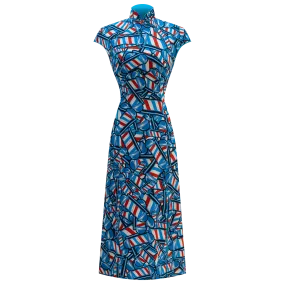 【BARBER TWIRL】100% Silk Cheongsam (Cap Sleeve) (香港經典) (轉轉燈) (紅白藍)