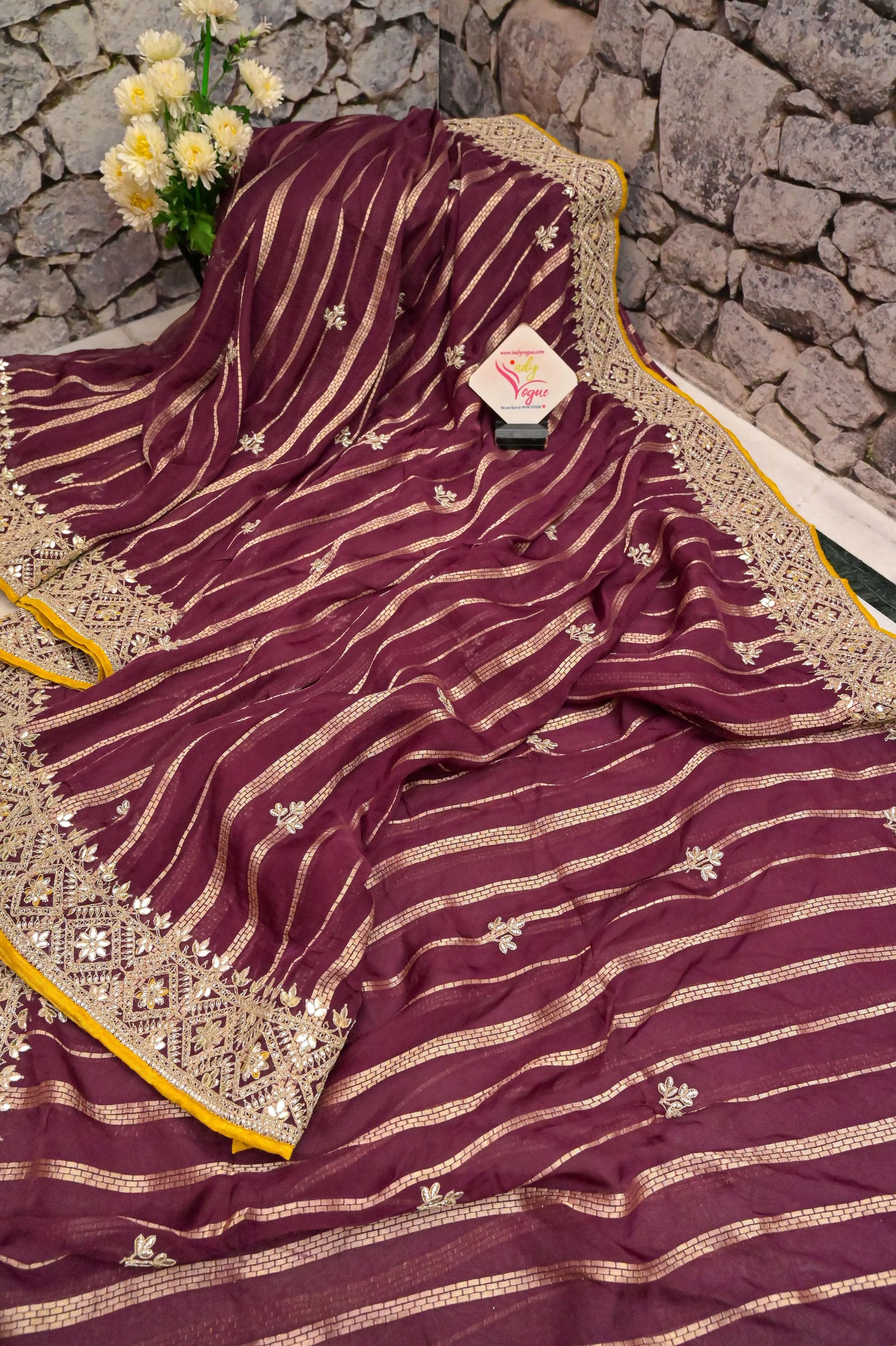 Beetroot Color Designer Georgette Saree with Zari Work and Piping Border