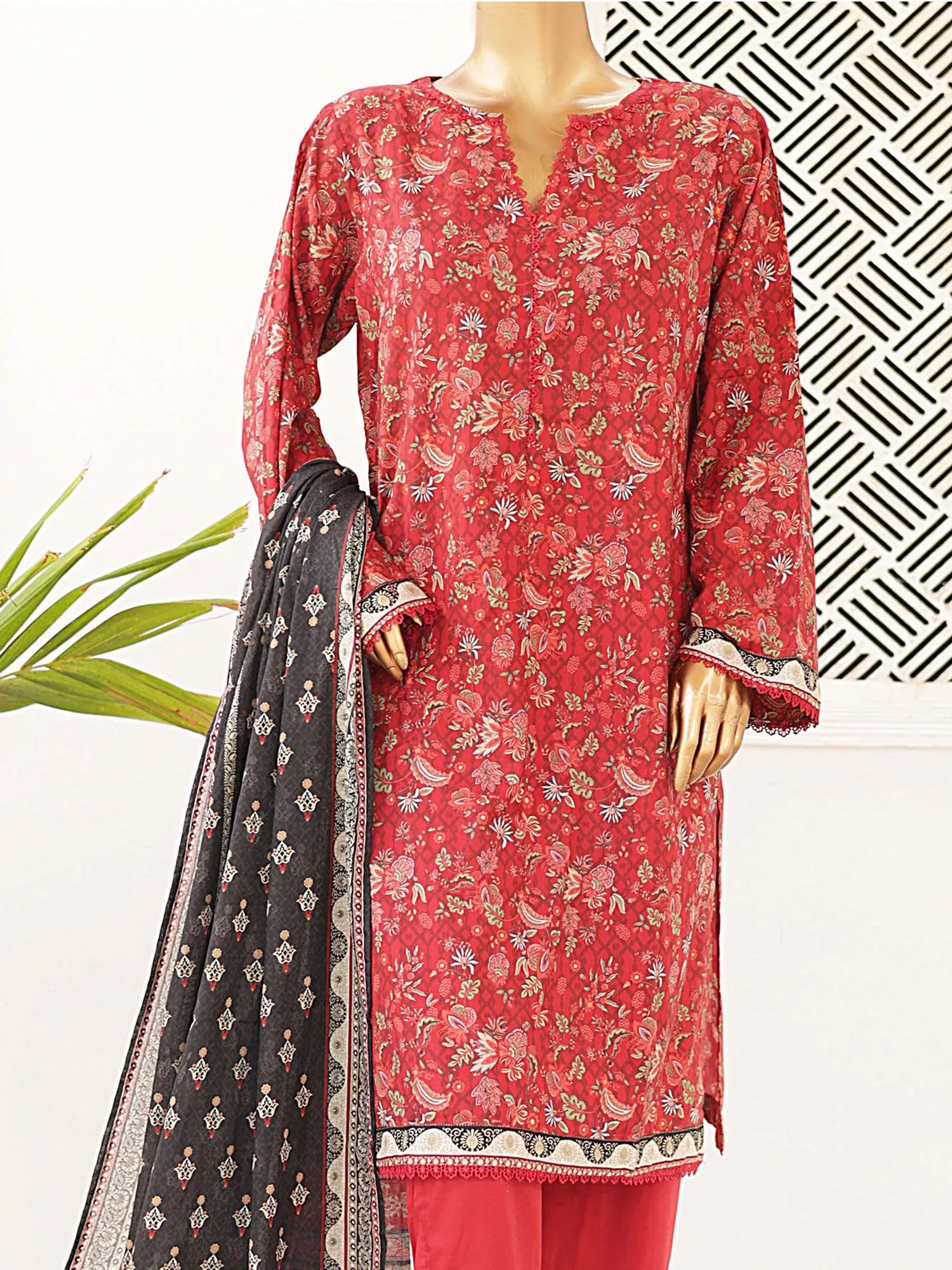 Bin Saeed Printed Lawn 3-Piece Suit - Red