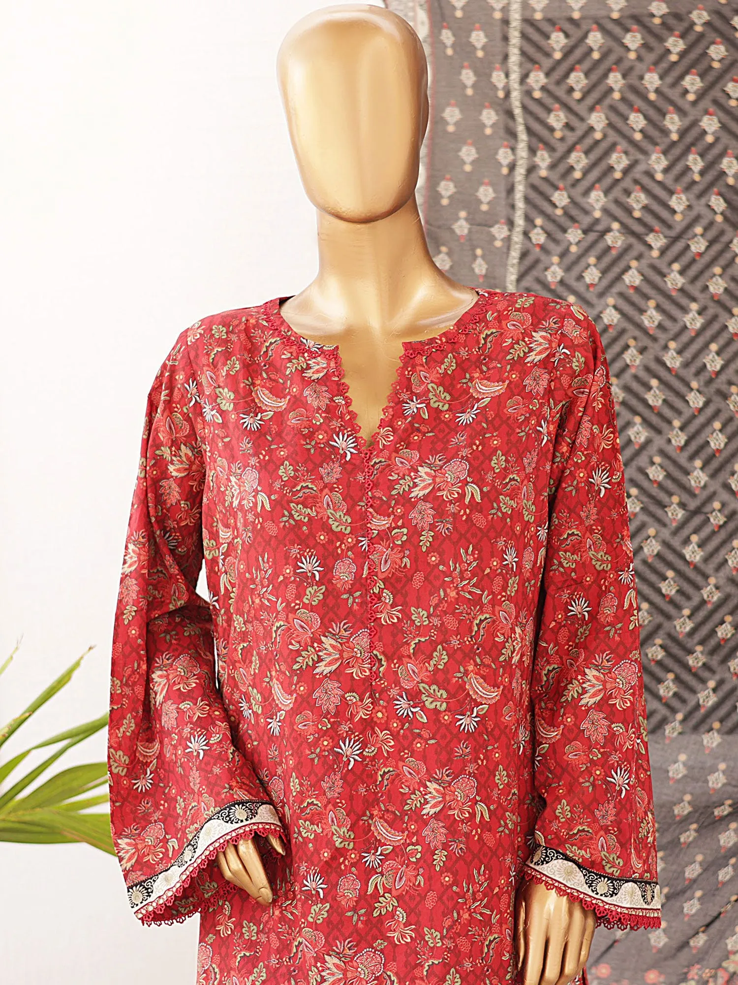 Bin Saeed Printed Lawn 3-Piece Suit - Red