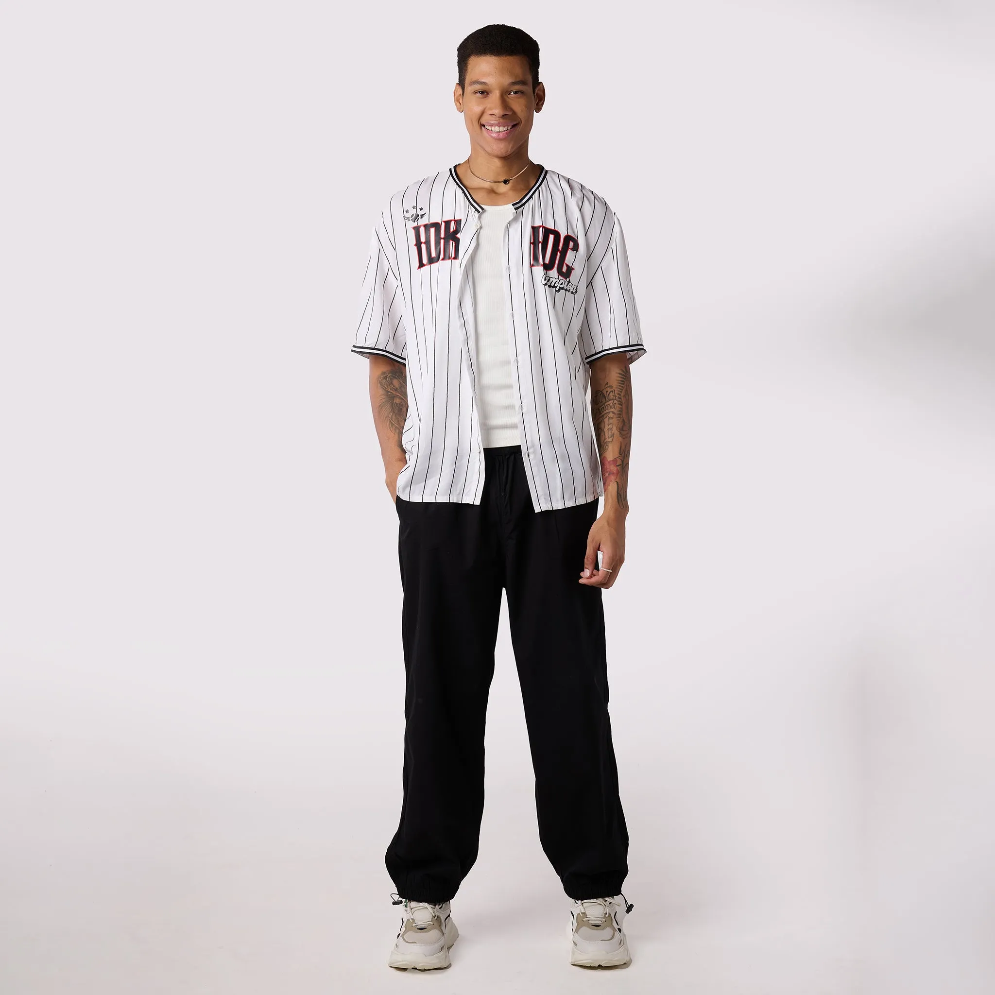 Black Parachute Pants & White Rugby Shirt Set for Men