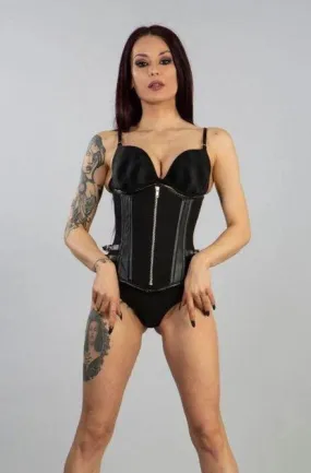 Blade Zip Underbust Corset In Black Twill And Matt Imitation Leather