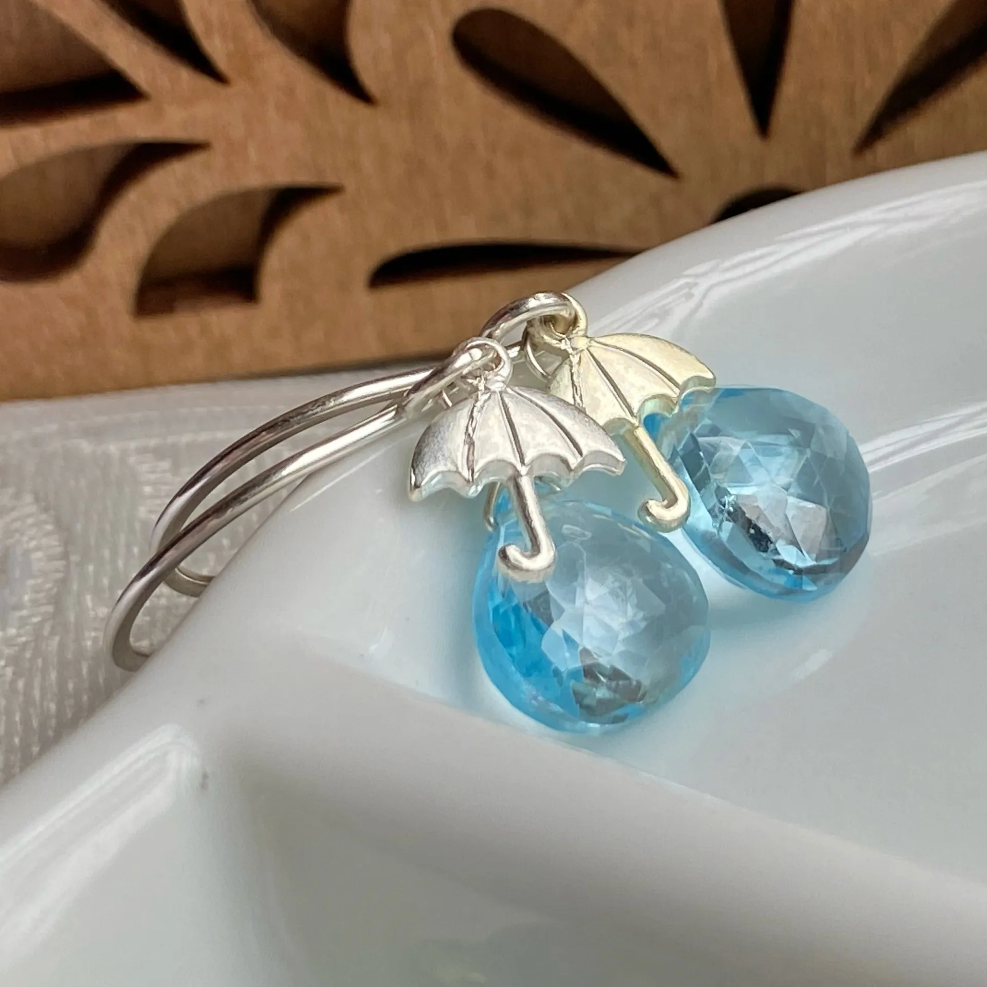 Blue Topaz raindrop and little silver umbrella