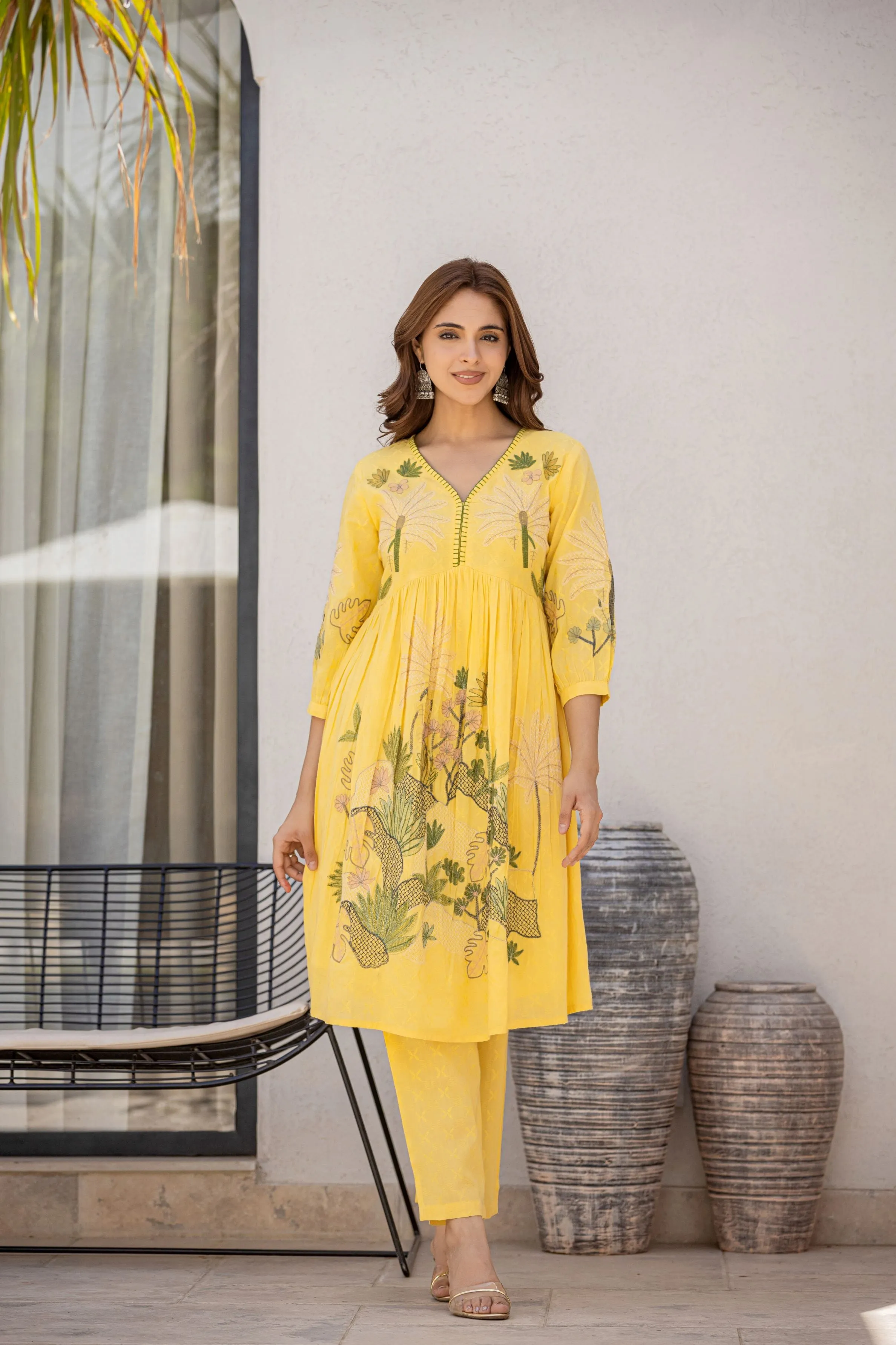 Bright Yellow Embroidered Spanish Cotton Co-Ord Set