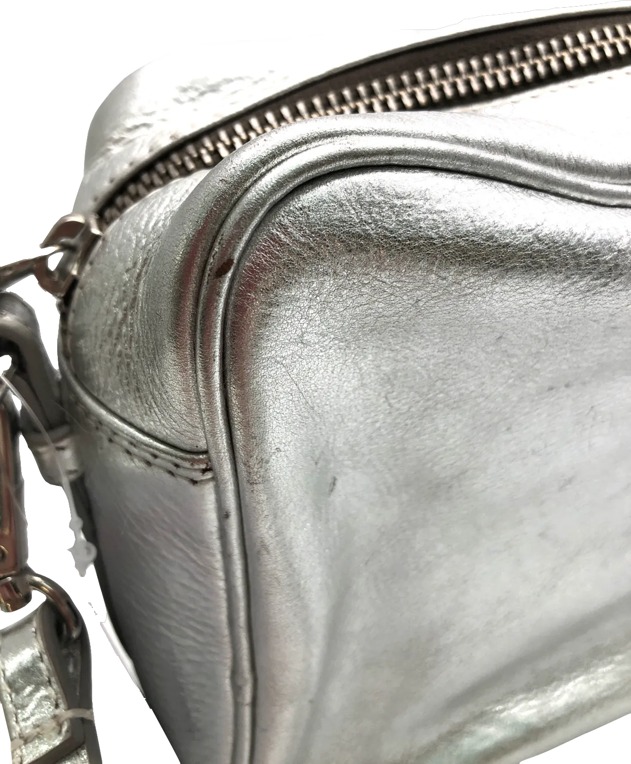 Caroline Gardner Metallic Silver Leather Camera Bag