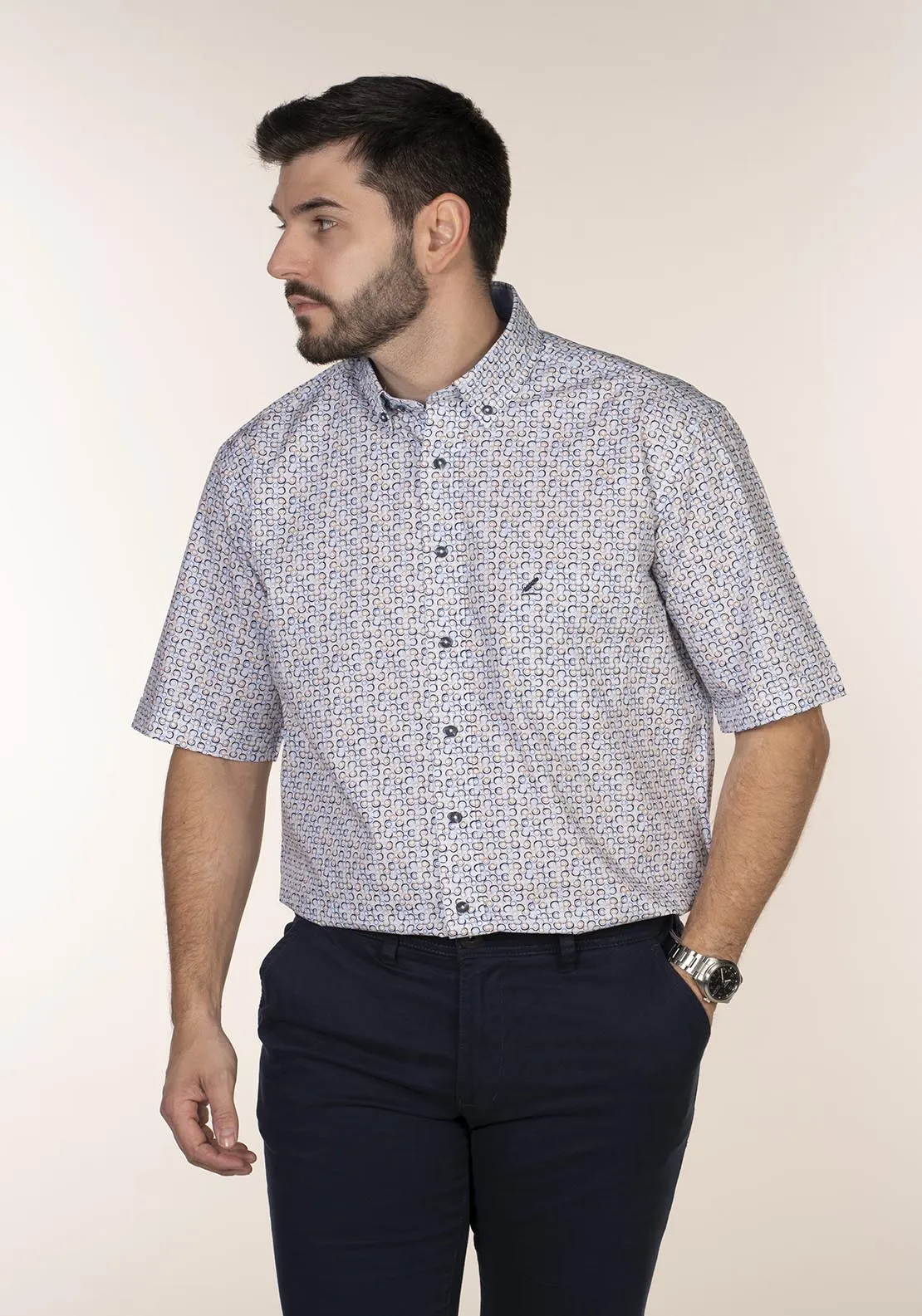 Casual Patterned Short Sleeve Shirt - Blue / Beige