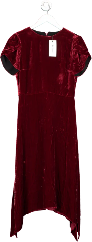 Cefinn Red Emily Tulip Sleeve Velvet Midi Dress UK 10