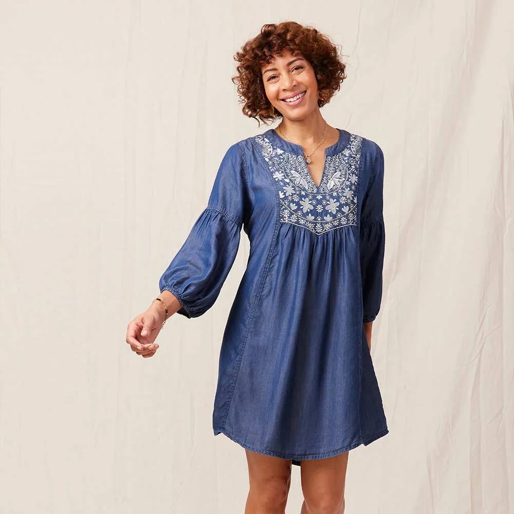 Chambray Dress With Light Blue Embroidery