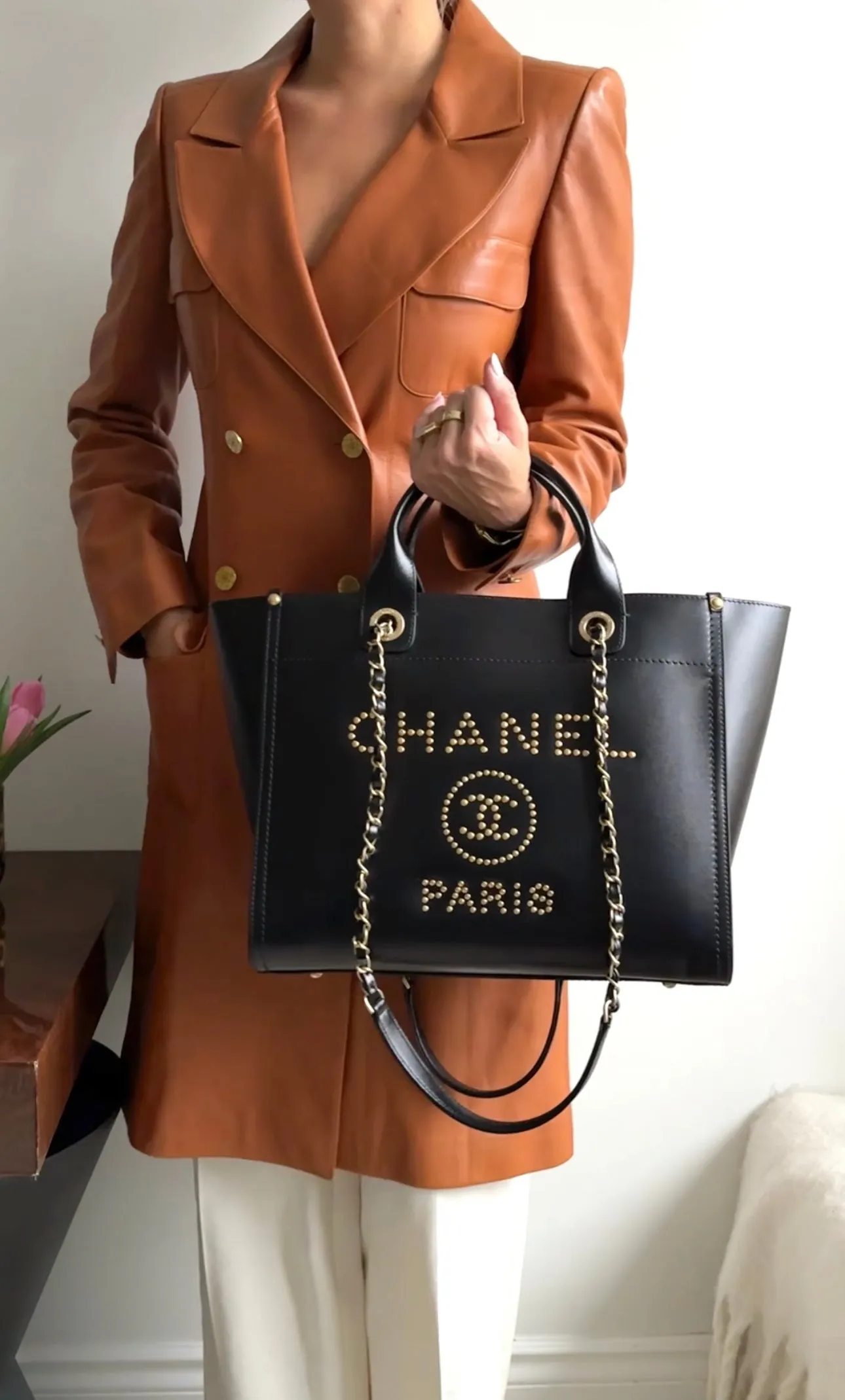 Chanel 01P Vintage Cognac Lambskin Leather Coat - S