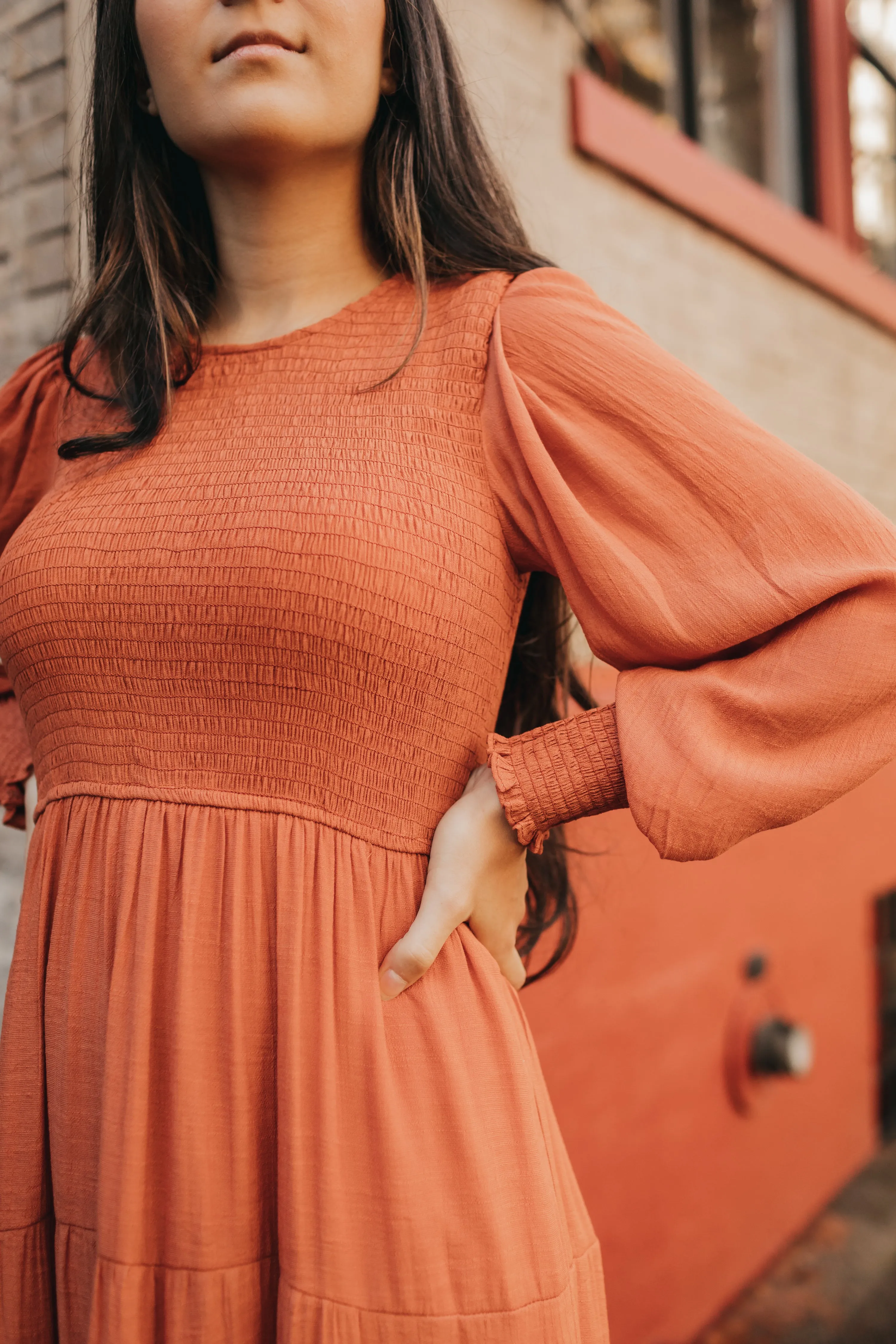 Charlotte Smocked Dress in Rust