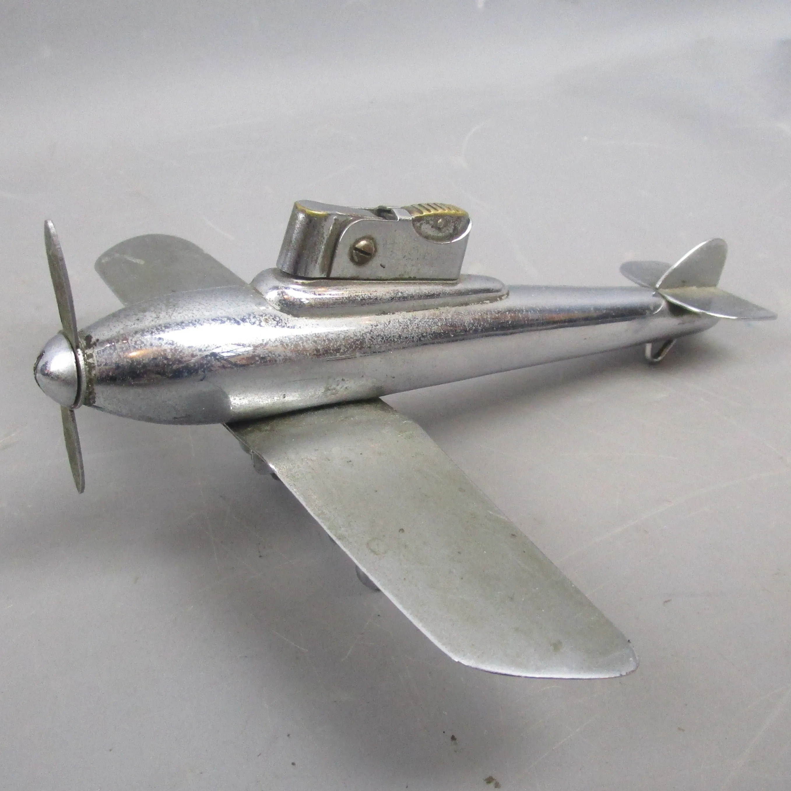 Chrome Jet Fighter Aircraft Table Lighter Vintage Art Deco c1930