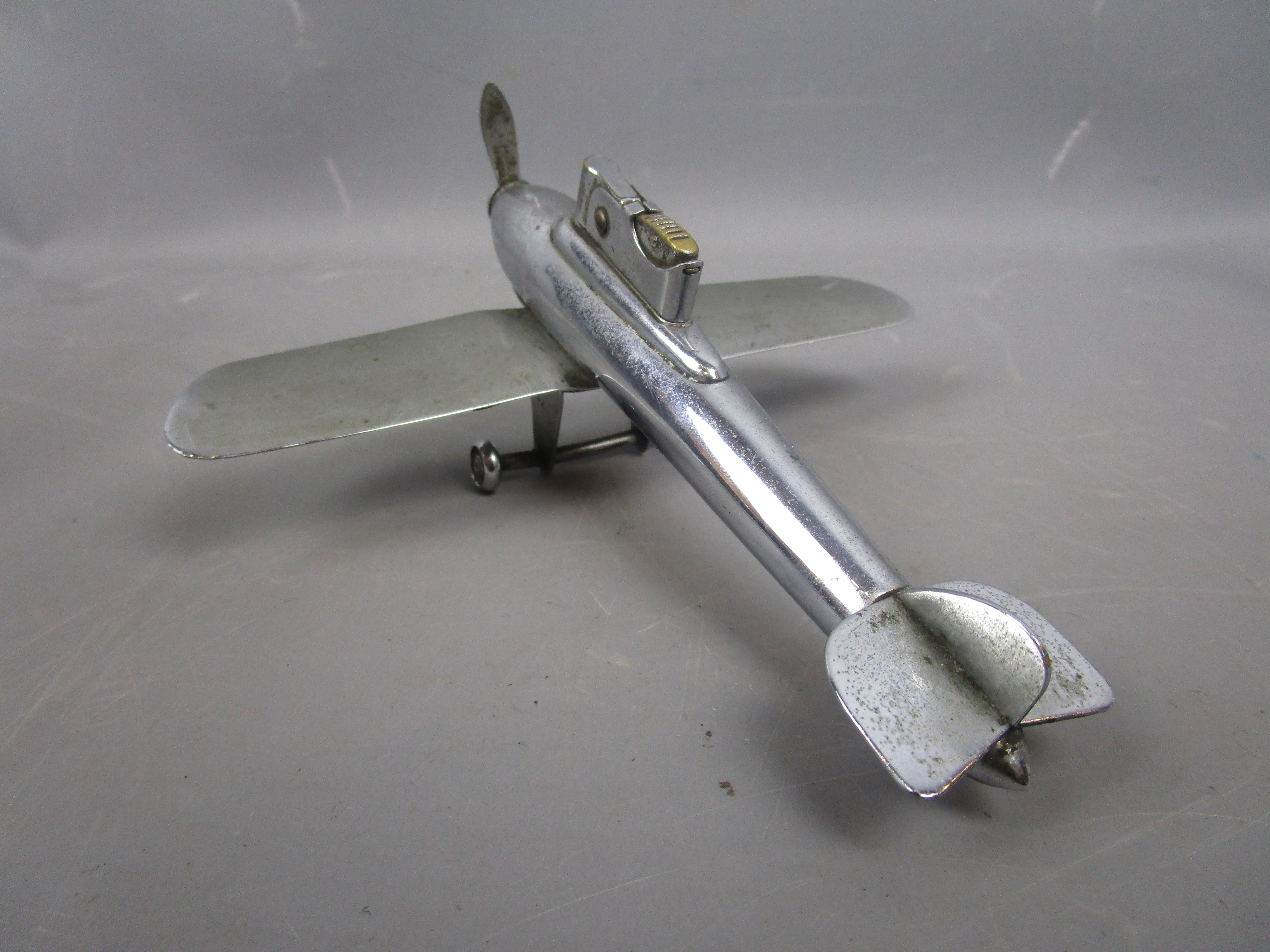 Chrome Jet Fighter Aircraft Table Lighter Vintage Art Deco c1930