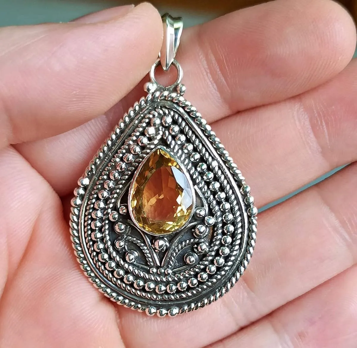 Citrine Pear 925 Solid Sterling Silver Handmade Pendant