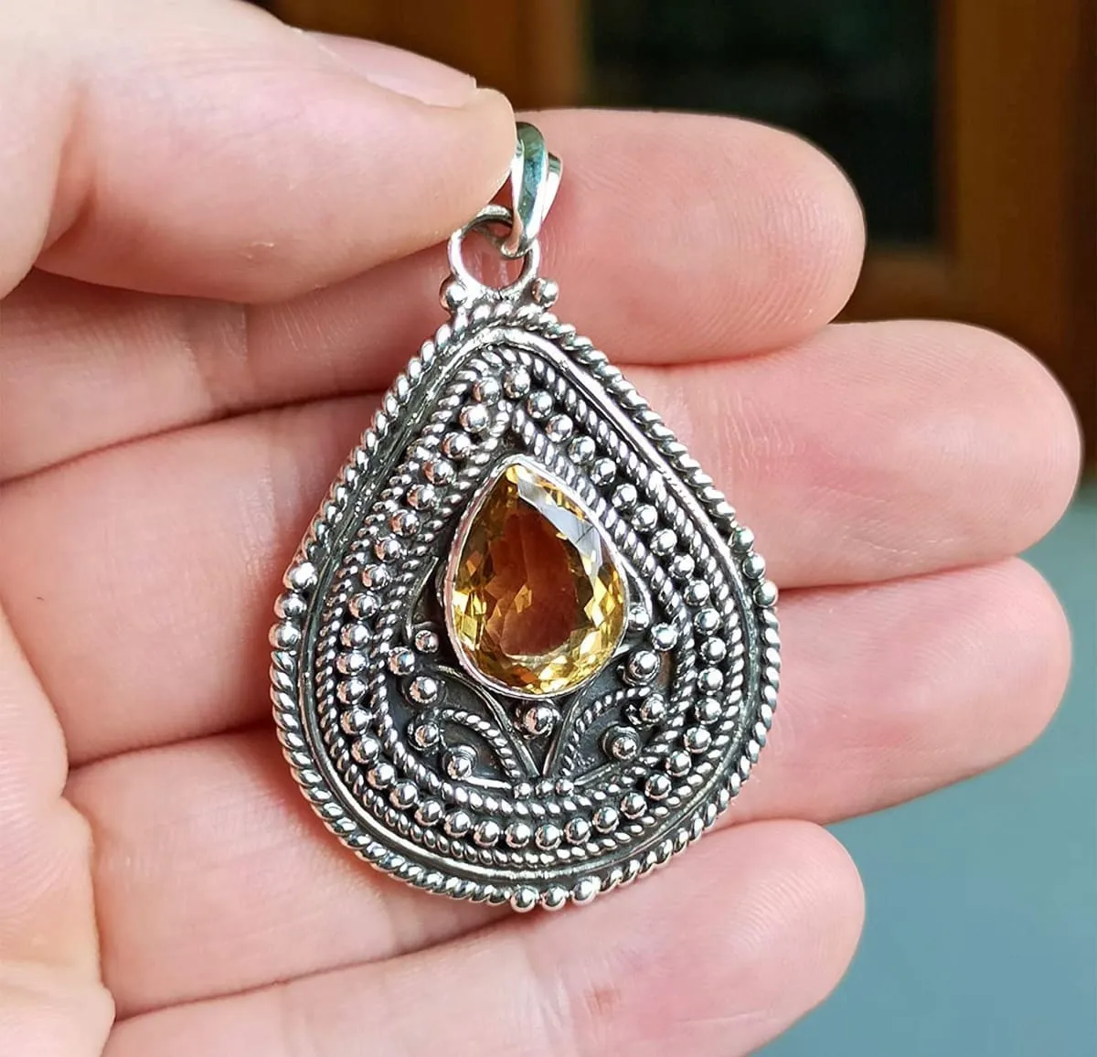 Citrine Pear 925 Solid Sterling Silver Handmade Pendant