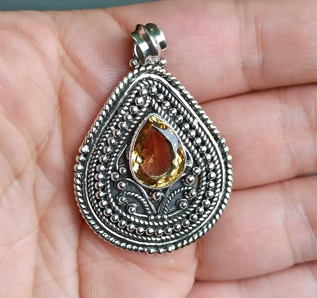 Citrine Pear 925 Solid Sterling Silver Handmade Pendant