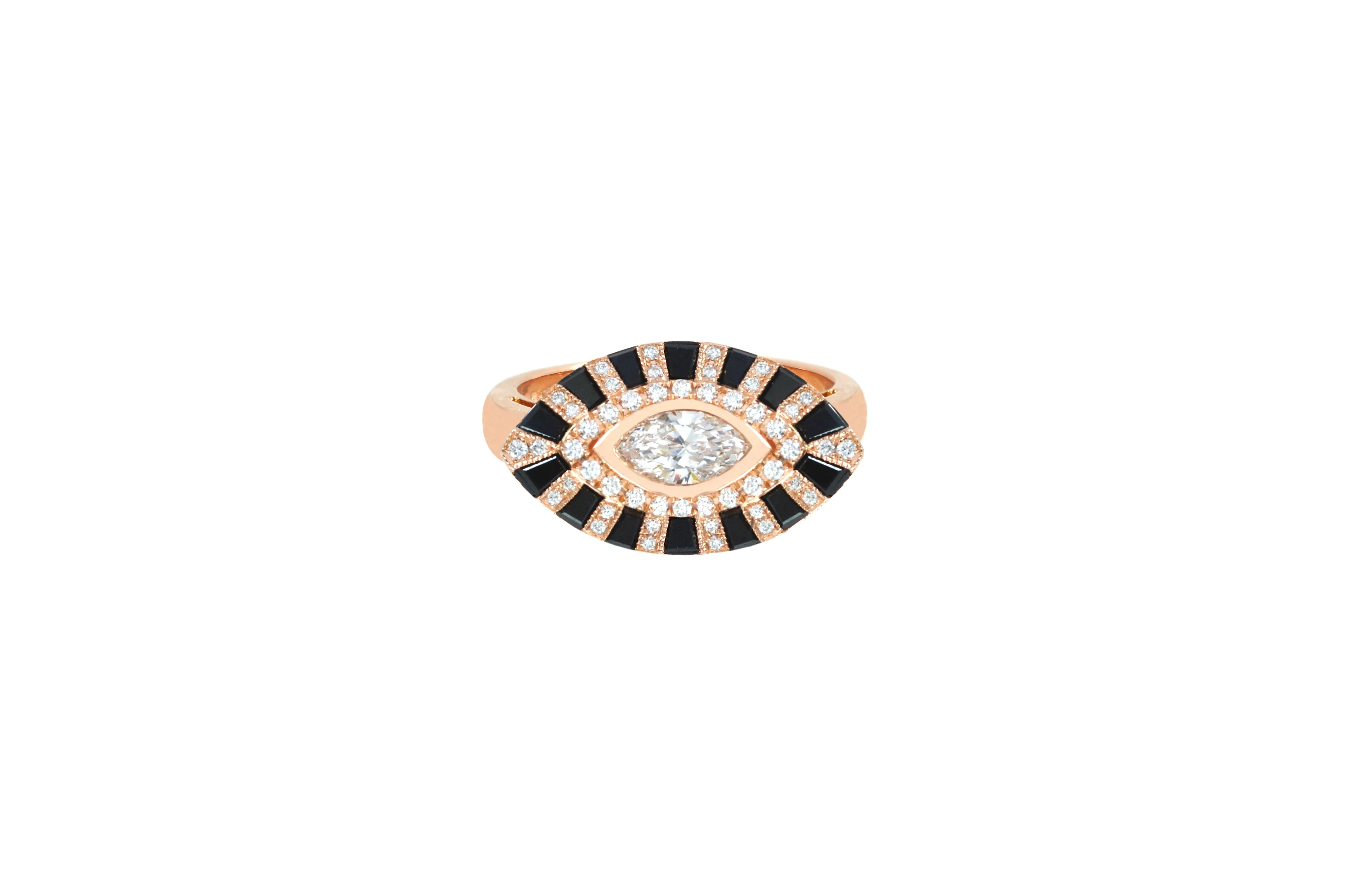 Classic Twist Marquise Black & White Diamond Evil Eye Ring set in Rose Gold