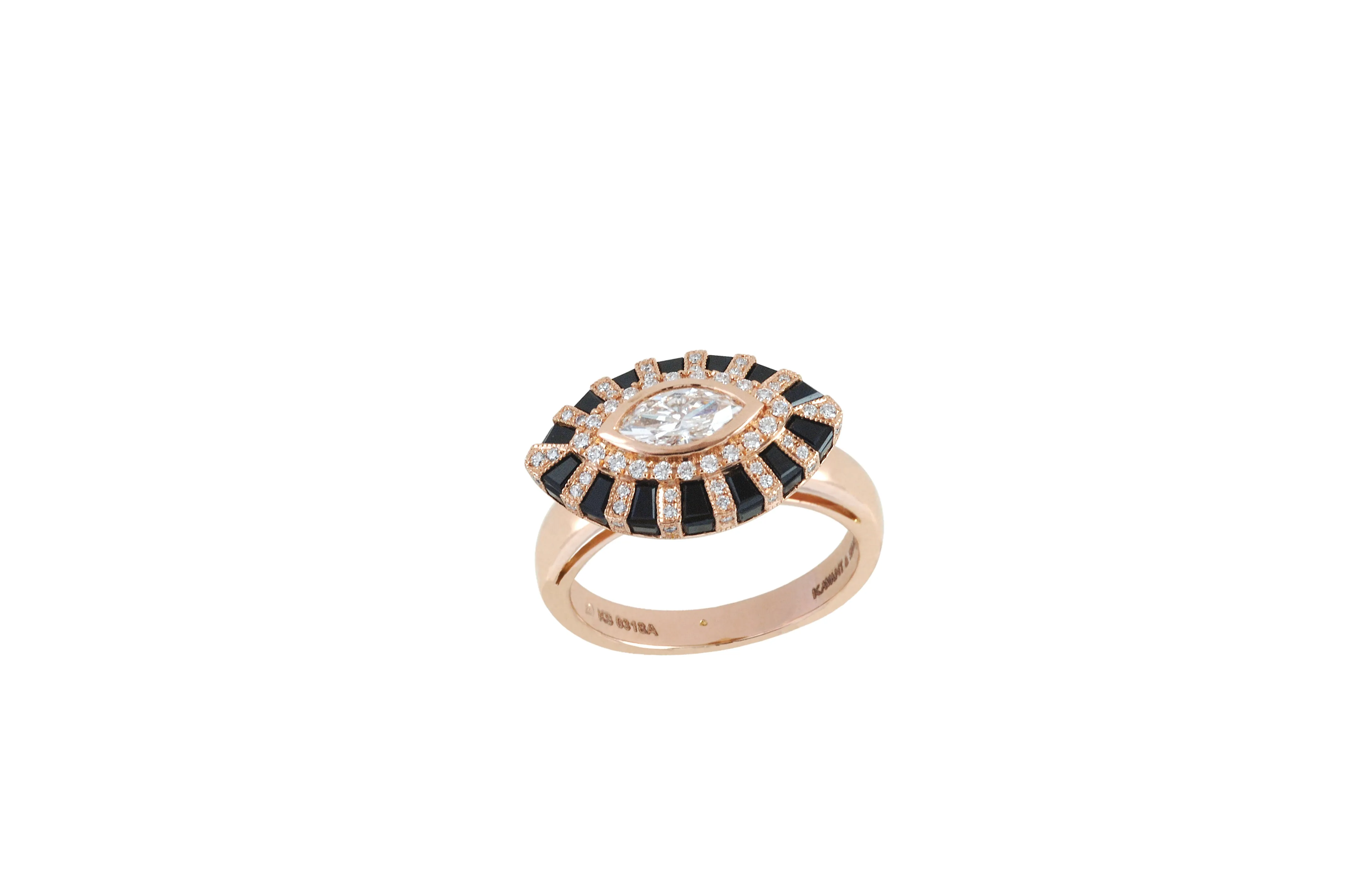 Classic Twist Marquise Black & White Diamond Evil Eye Ring set in Rose Gold