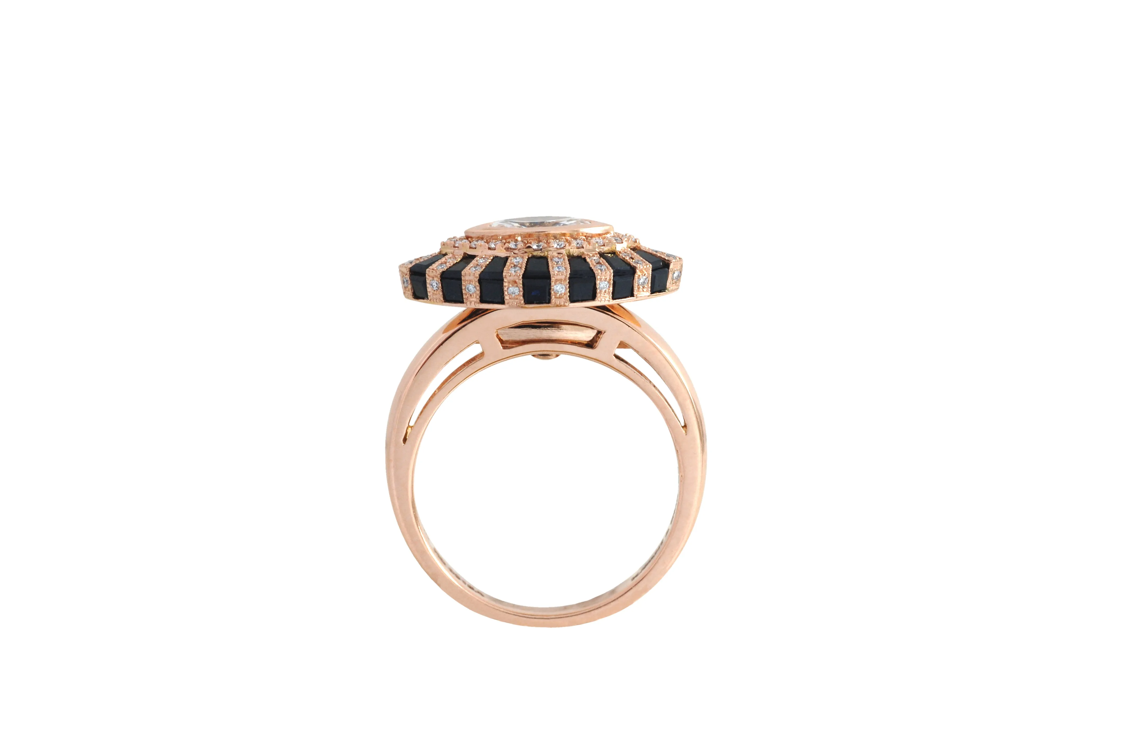 Classic Twist Marquise Black & White Diamond Evil Eye Ring set in Rose Gold