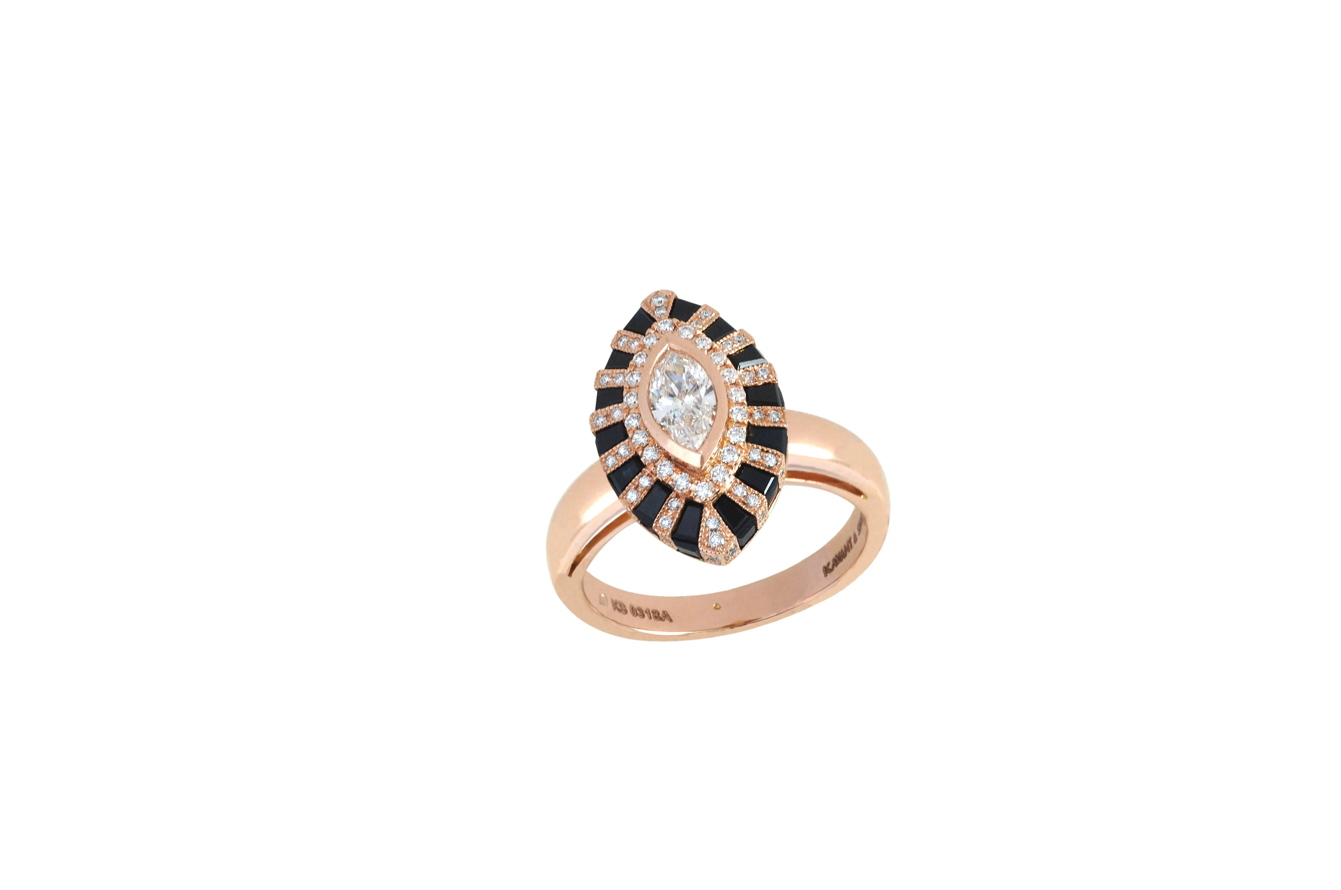 Classic Twist Marquise Black & White Diamond Evil Eye Ring set in Rose Gold