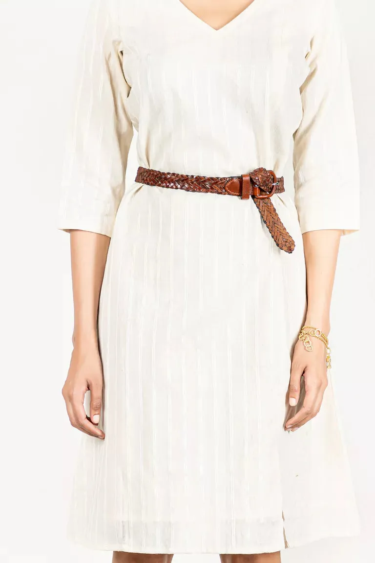 Cream Cotton Silk Woven Striped Dress