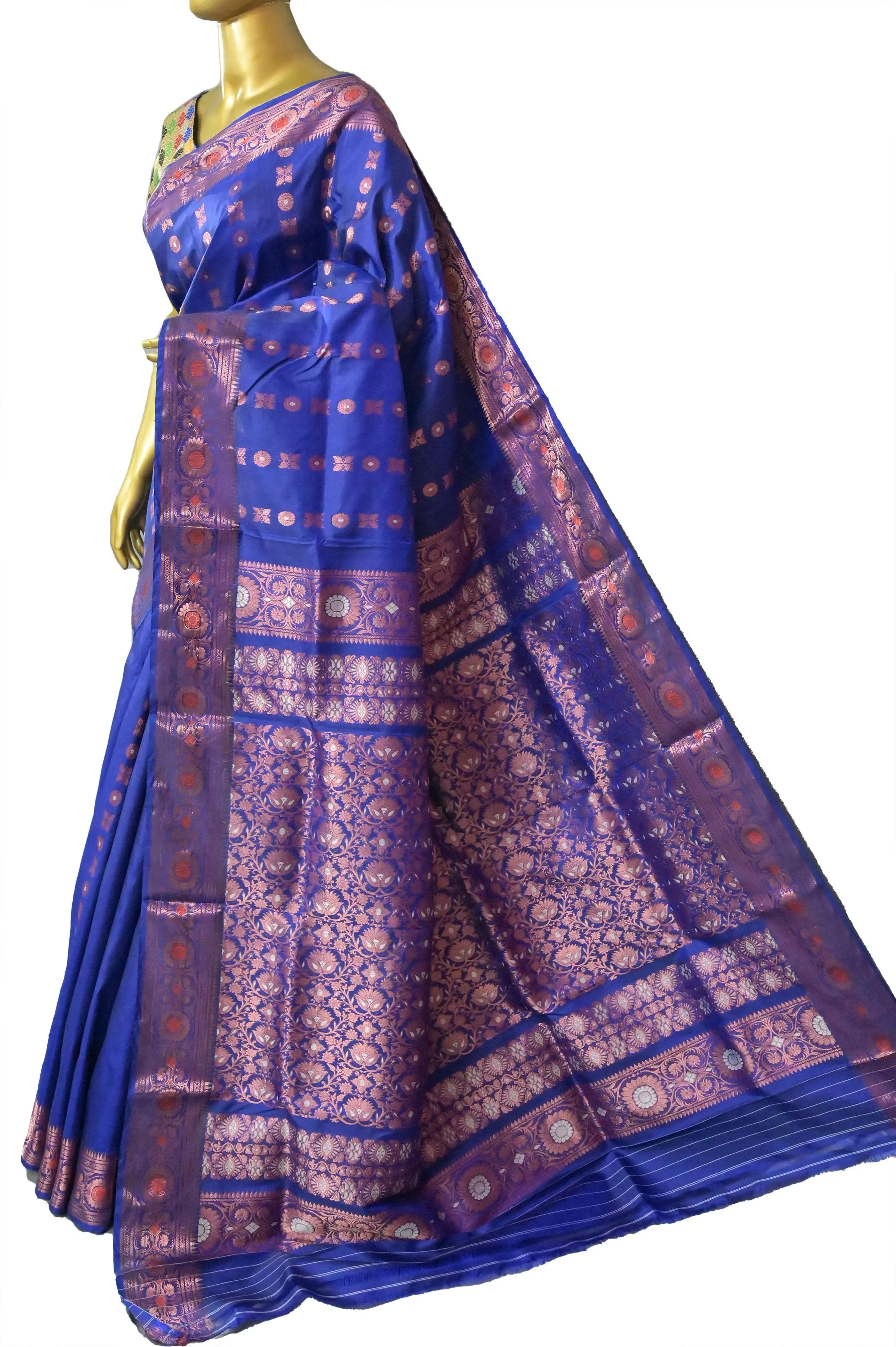 Dark Indigo Blue Color Pure Baluchari Silk Saree with Hazar Butti