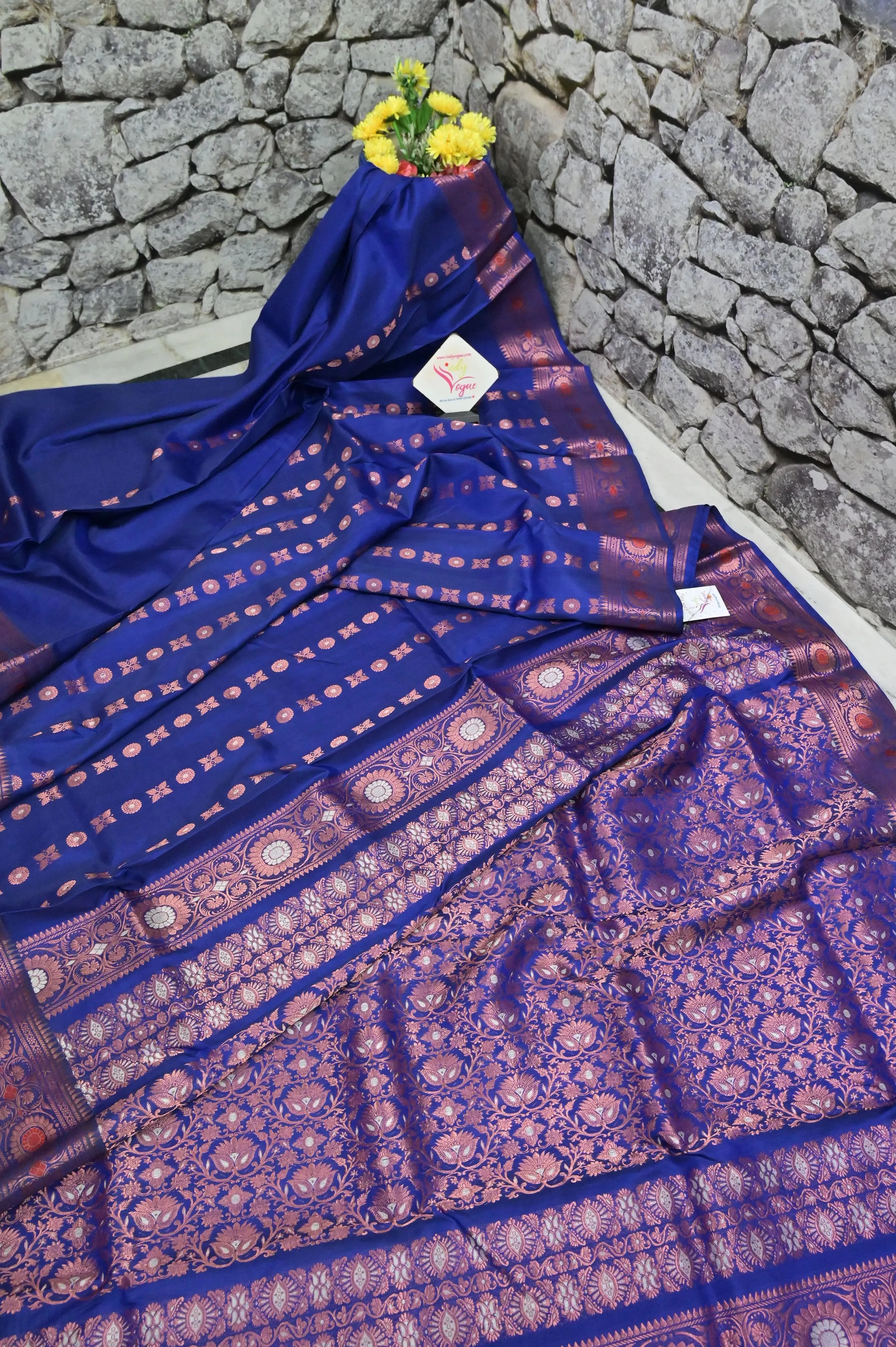 Dark Indigo Blue Color Pure Baluchari Silk Saree with Hazar Butti