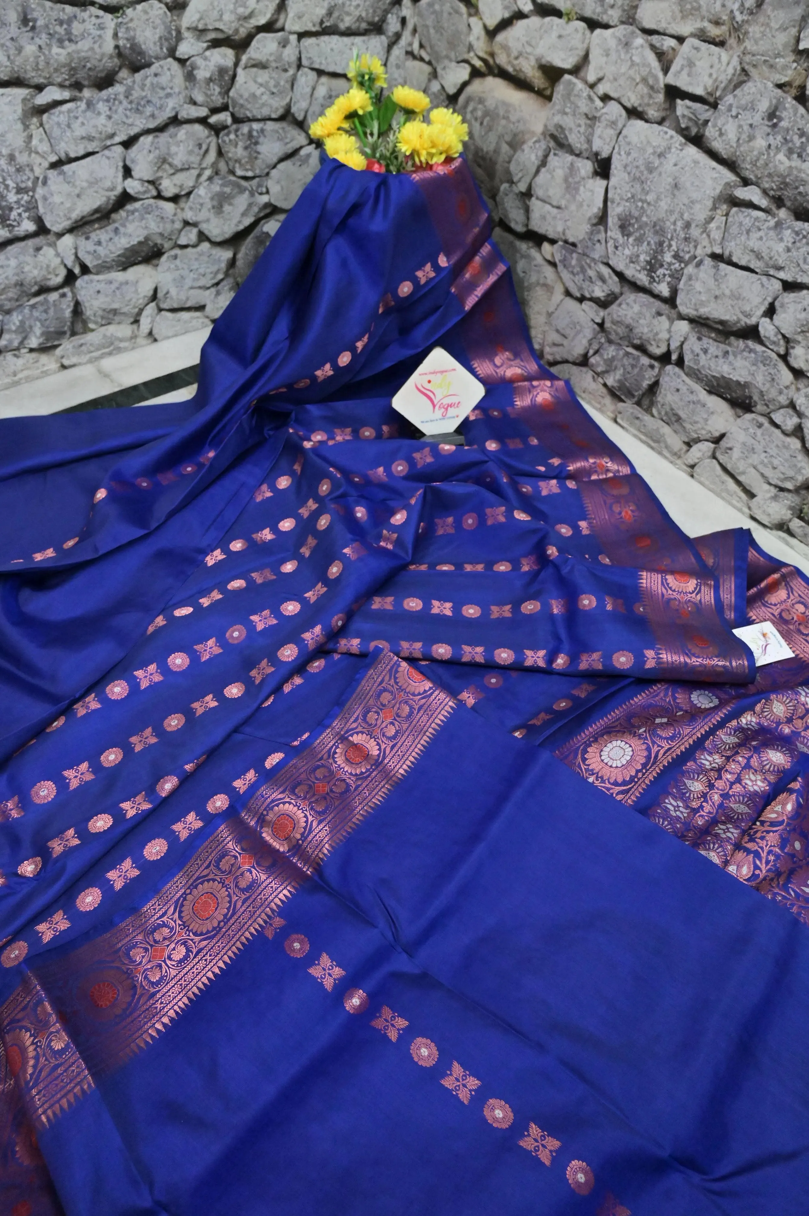 Dark Indigo Blue Color Pure Baluchari Silk Saree with Hazar Butti