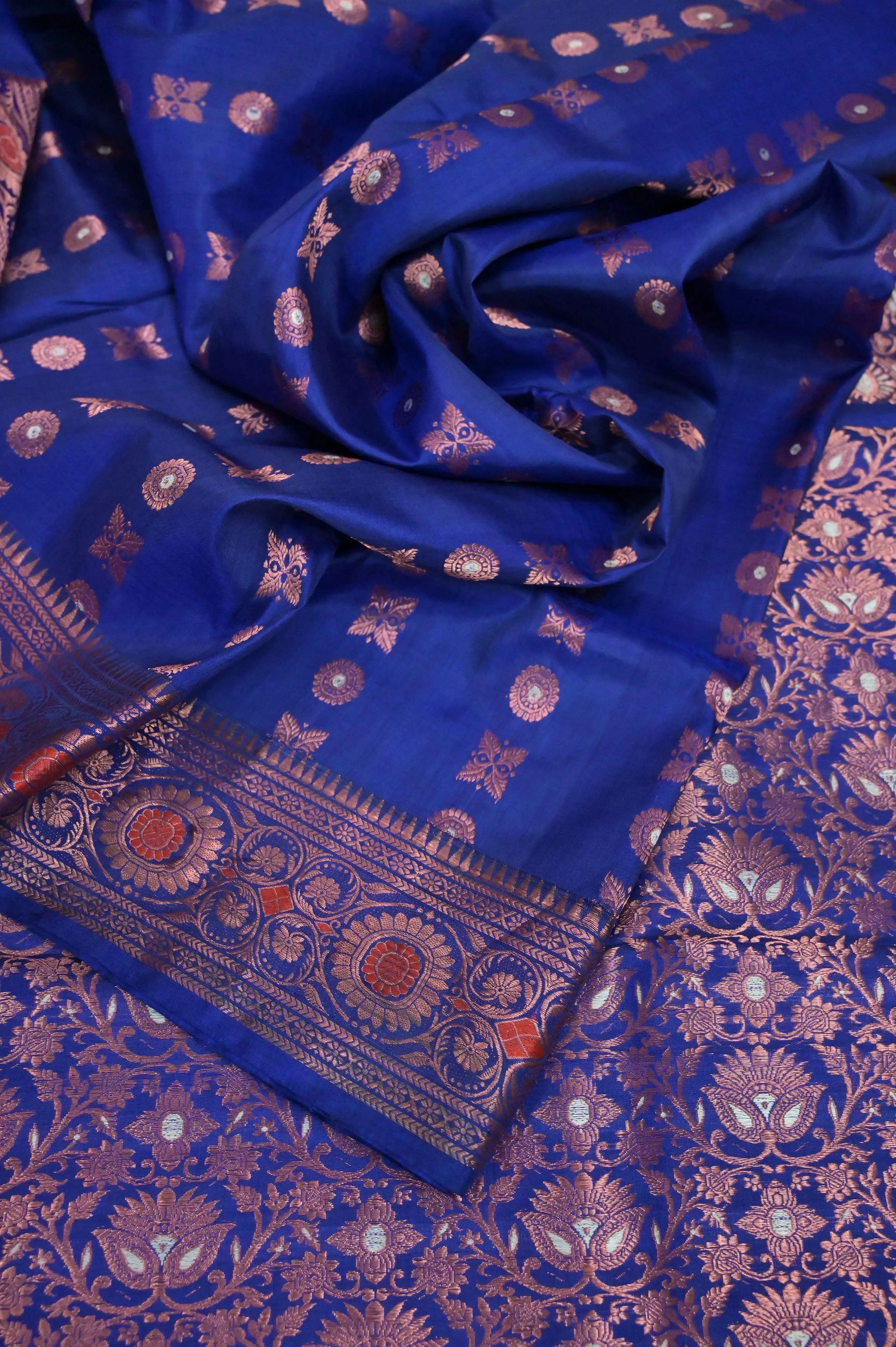 Dark Indigo Blue Color Pure Baluchari Silk Saree with Hazar Butti