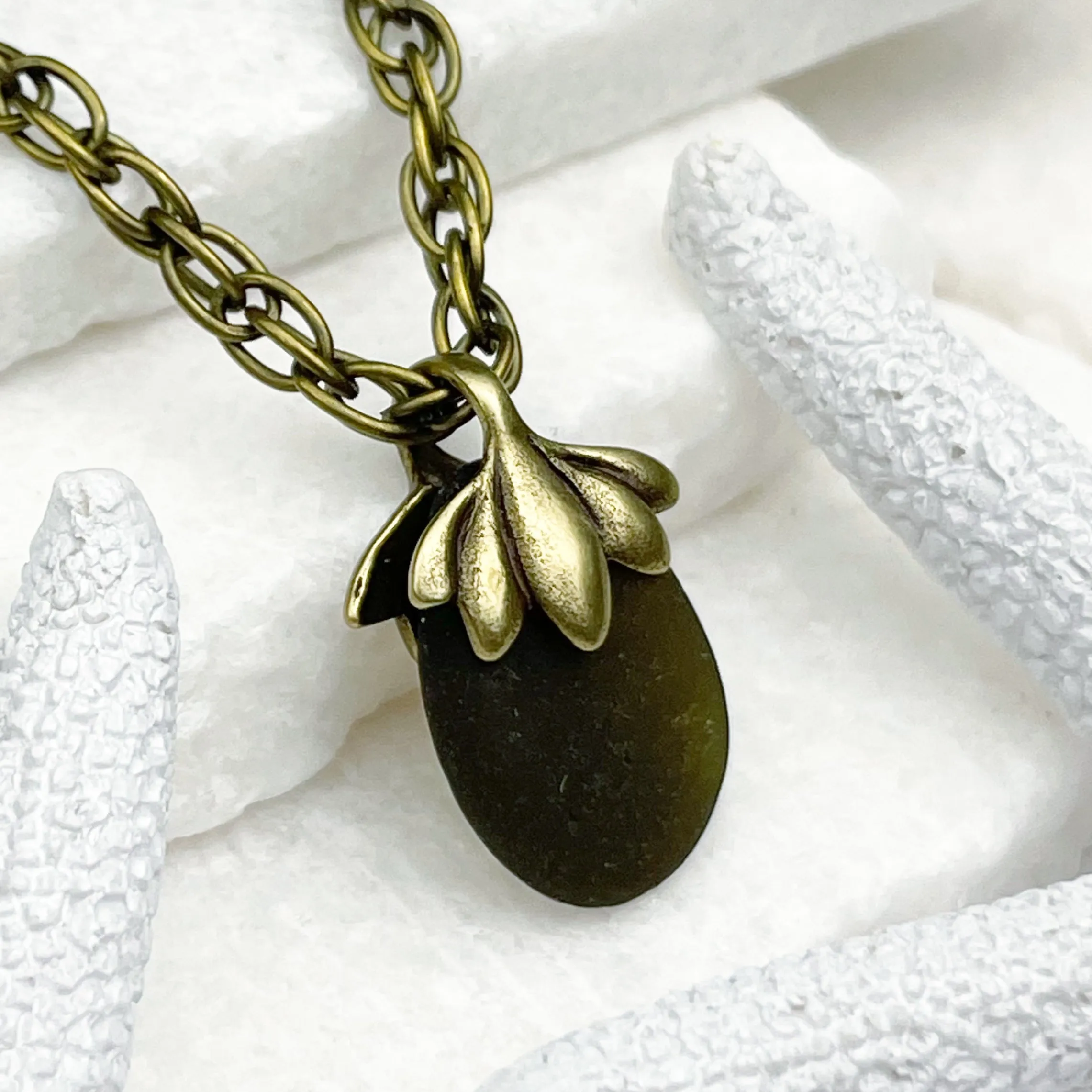 Dark Olive Sea Glass Pendant with Bronze Bail | #5051