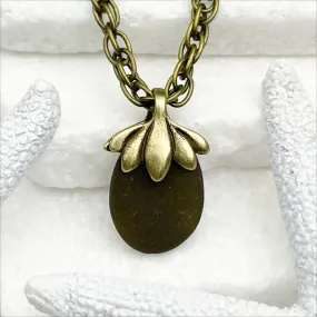 Dark Olive Sea Glass Pendant with Bronze Bail | #5051