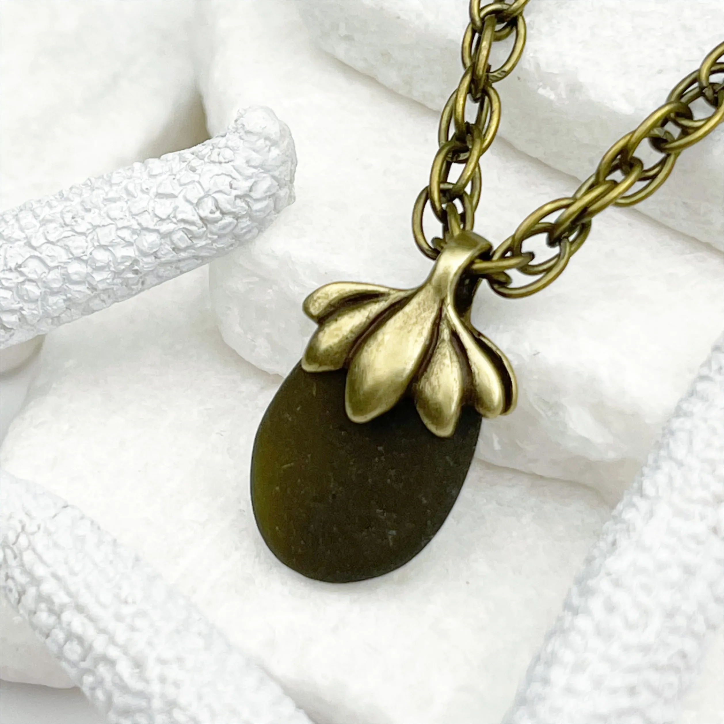 Dark Olive Sea Glass Pendant with Bronze Bail | #5051