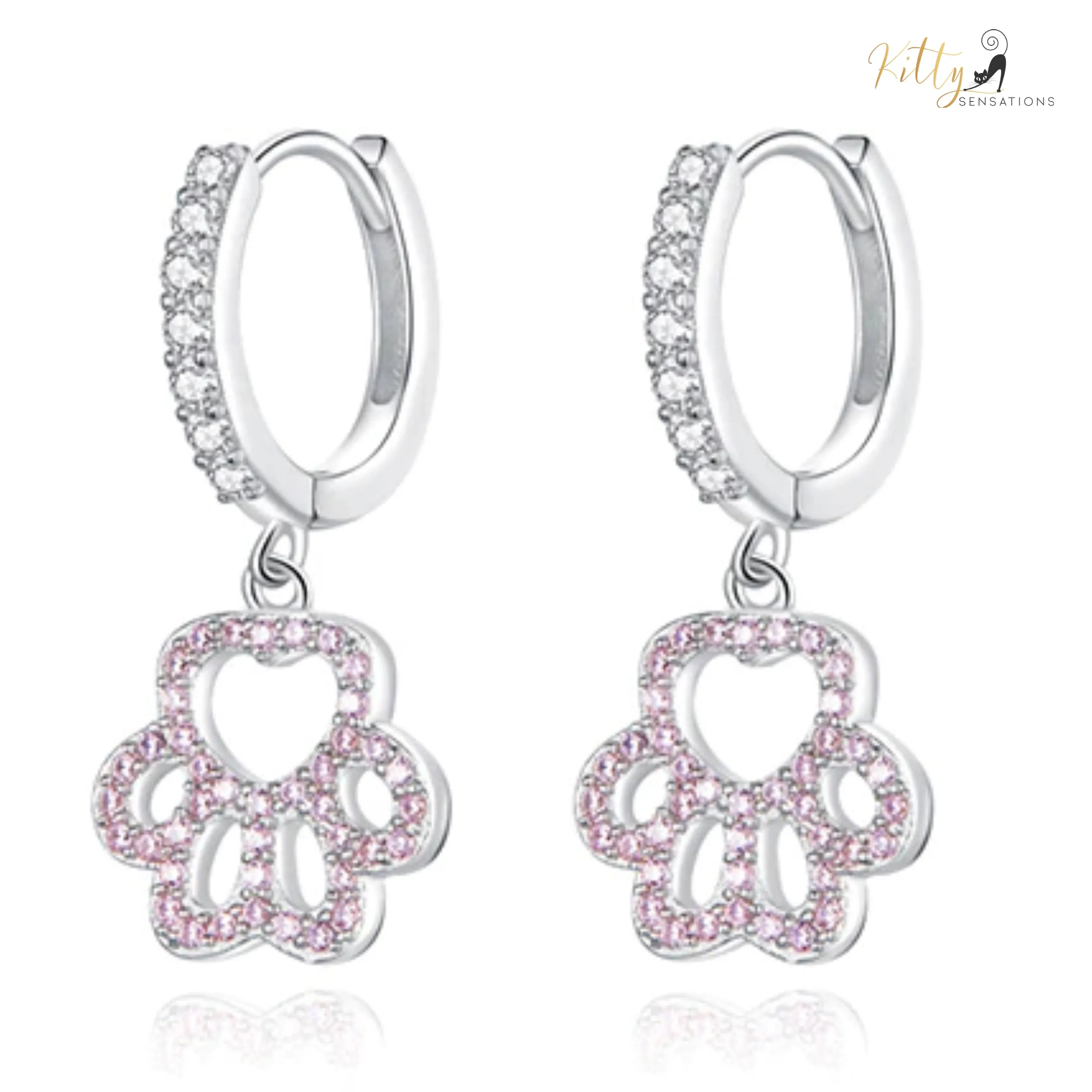 Delicate Pink and Clear Zircon Dangling Paw Cat Hoop Earrings in Solid 925 Sterling Silver (Platinum Plated)