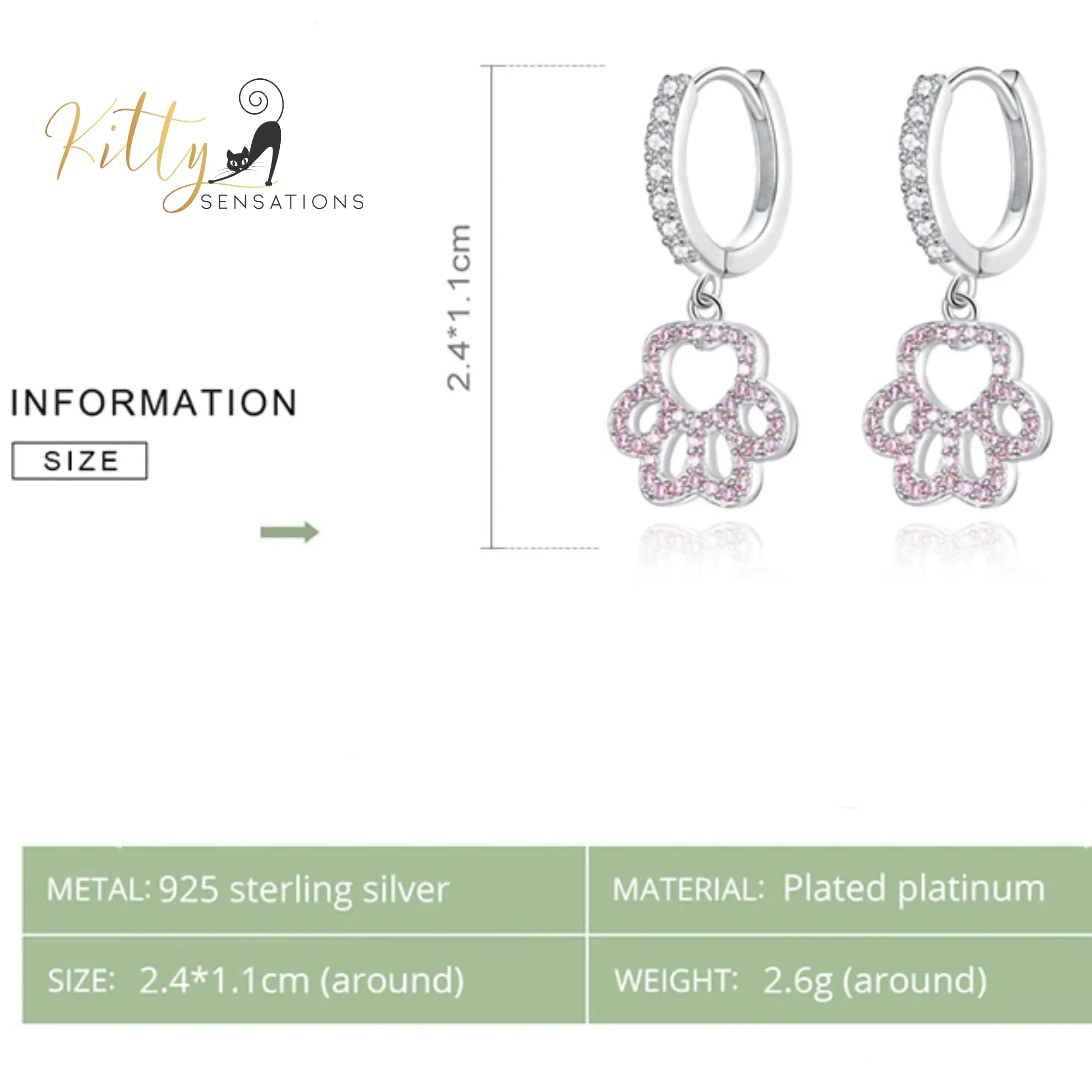 Delicate Pink and Clear Zircon Dangling Paw Cat Hoop Earrings in Solid 925 Sterling Silver (Platinum Plated)