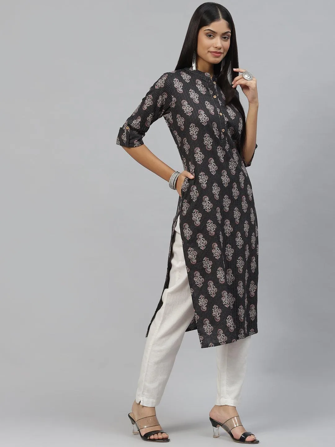 Divena Black and Grey Cotton Straight Kurta